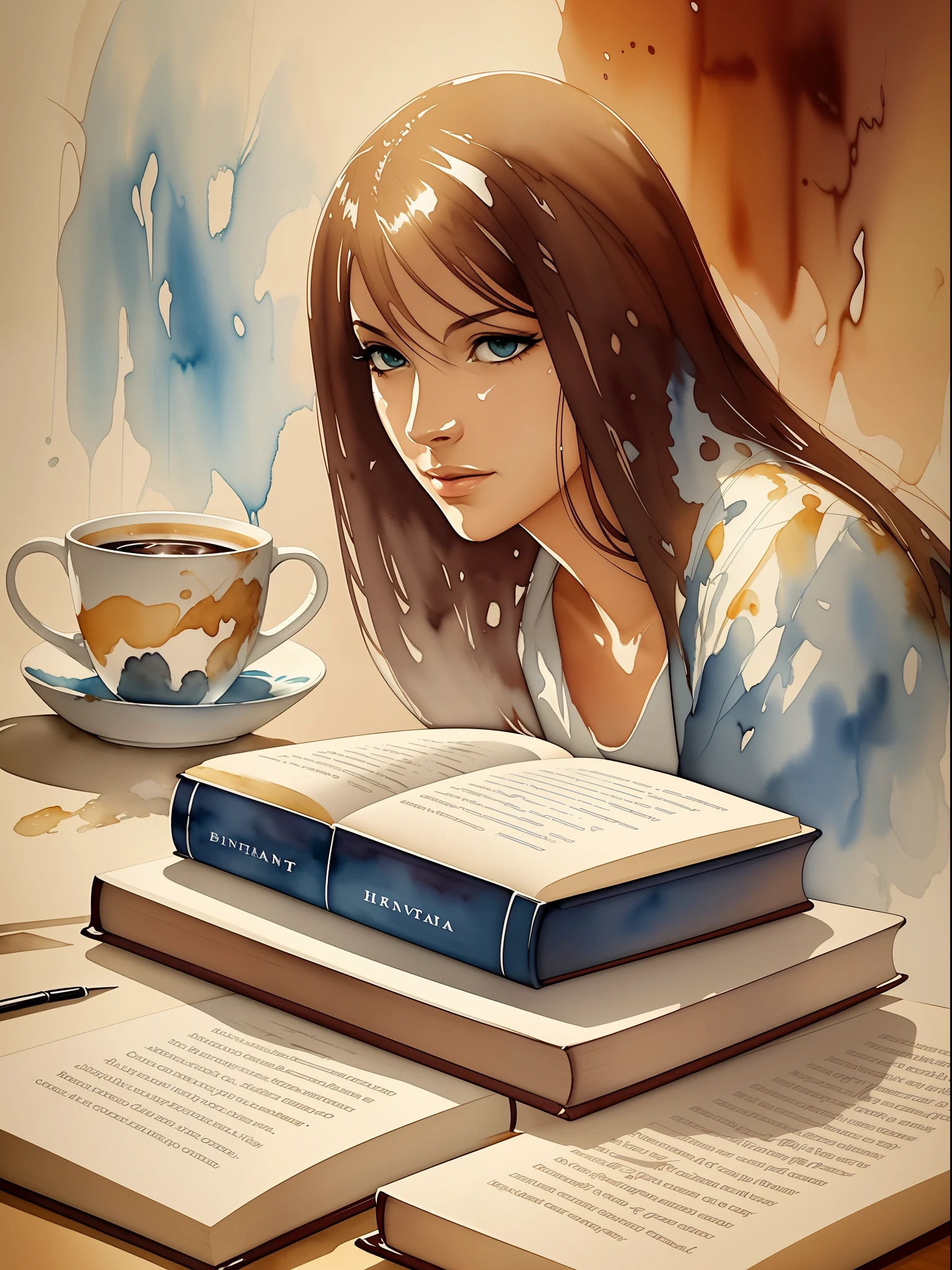 Uma cena incrivelmente bonita, garota lendo um livro, coffee mug, biblioteca de fundo, pintura de Willem Haenraets, Aquarela, wet on wet and splattering techniques, Centrado, perfect composition, Abstraction, surrealismo. --auto