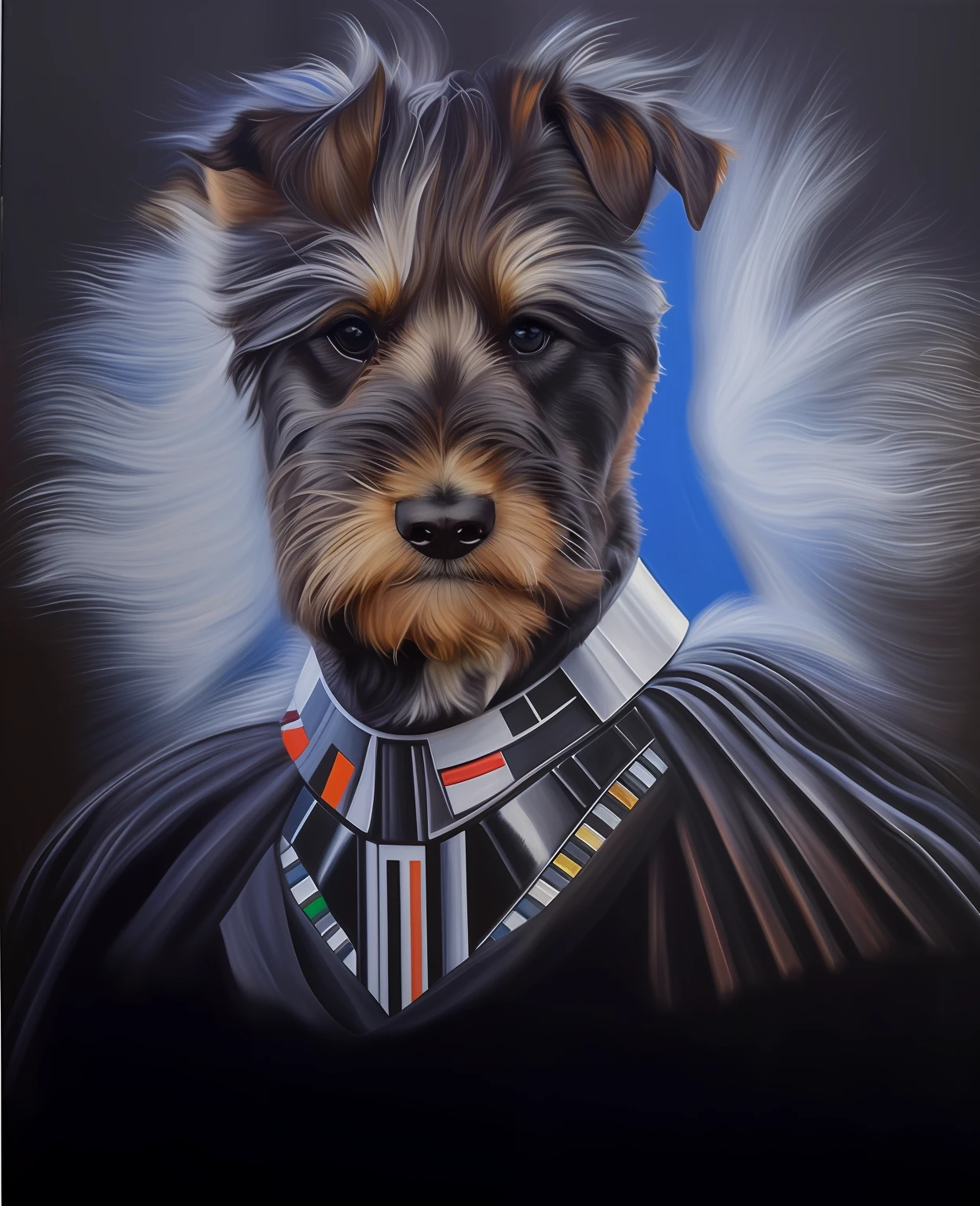 Painting of a dog as Darth Vader, oil-painting, Retrato imperial, retrato detalhado, retrato altamente detalhado, Retrato de Zeus acidentado, Pintura digital barroca, retrato de alta qualidade,