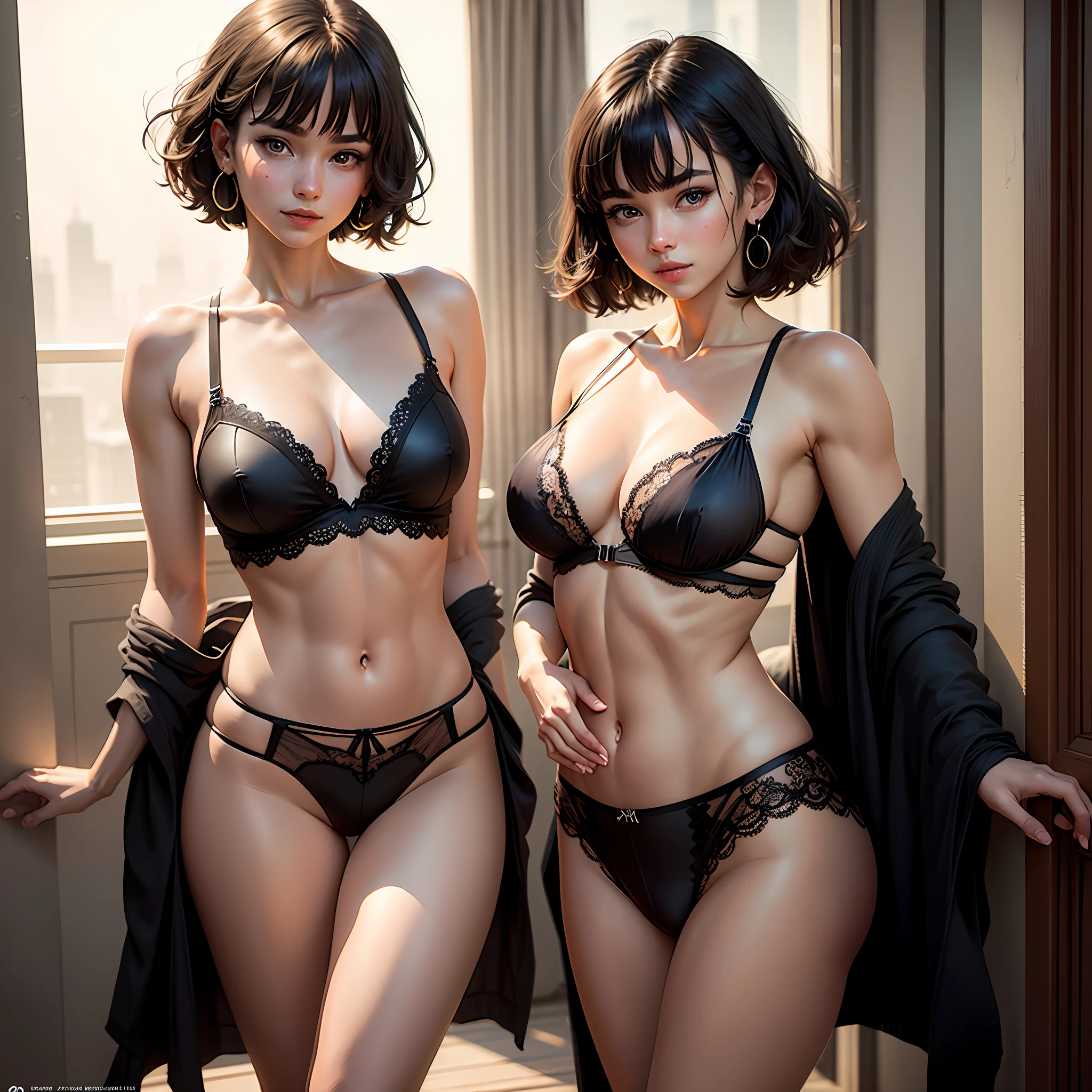 (8k, RAW Photo, Best Quality, Masterpiece:1.2), Ultra Detail, Super Resolution, (Realistic, Realistic Photo:1.37), Portrait, High Detail RAW Color Photo, Professional Photo, Extremely Detailed and Beautiful, Extremely detailed, 8k wallpaper, amazing and detailed, huge file size, official art, highly detailed CG unity 8k wallpaper, highly detailed beautiful girl, highly detailed face, highly detailed eyes, highly detailed skin, highly detailed fingers, highly detailed nose, very detailed detailed mouth , perfect anatomy, highly detailed background, highly detailed clothes, 1girl, (20:1.2), 20s, cute girl, realistic body, petite, fair skin, glowing skin , slim body, handsome body, black hair , short hair, (blunt bangs:1.2), smile, cute, youthful, cute face, realistic face, delicate eyes, drooping eyes, lingerie, see-through, earrings, looking at viewer, cowboy shot, facing front, standing posture, Contraposto, dynamic lighting, very large breasts, cowboy shot --auto