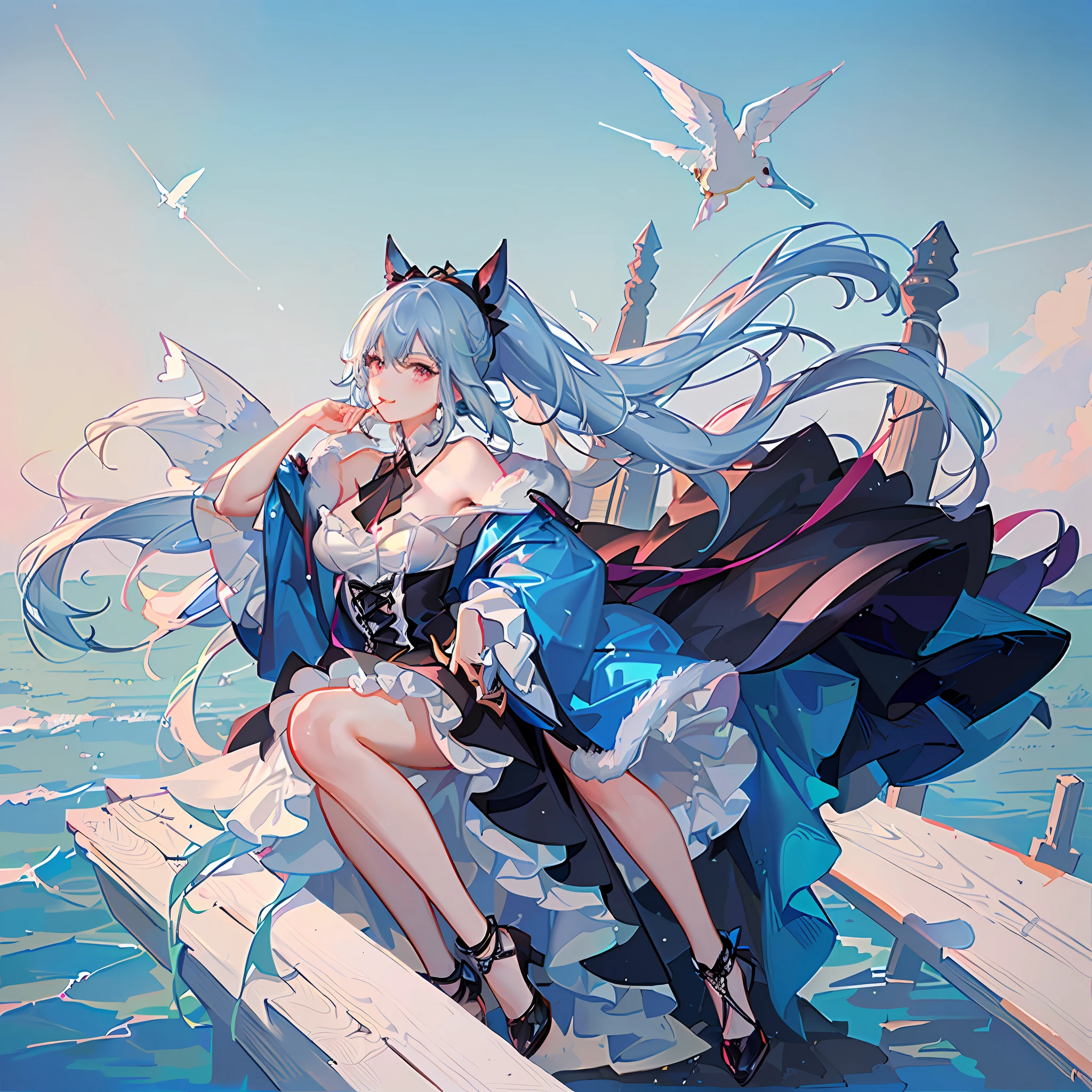 Blue hair,Blue-pink Lolita,The upper part of the body,only one girl, Light blue double ponytail,dream magical,Skysky, afloat,Slightly sideways,The upper part of the body,delicated,tmasterpiece,Light blue fur doll-like,,beautiful angel,,, Pink and white clothes,red color eyes,dual horsetail,dual horsetail,dual horsetail,Lolita prostitute,,Dream Sky,No black,baiyun,Floating cherubs,The upper part of the body