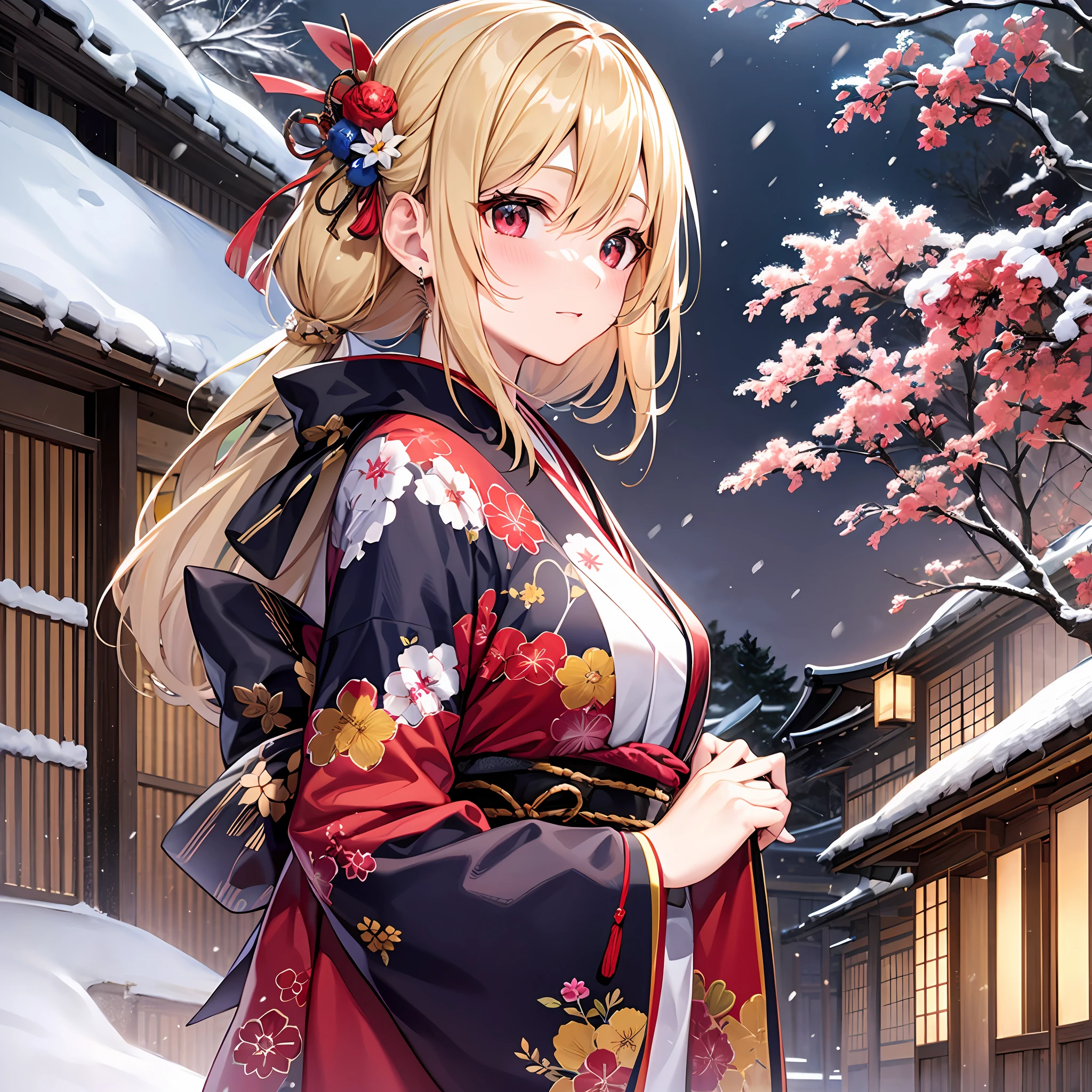 One blonde girl、red eyes、Kimono、suns、kyoto、snowfall