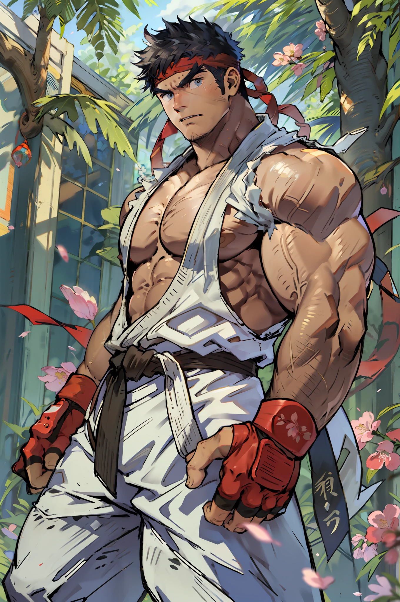 (masterpiece, best quality:1.2), cowboy shot, solo, male focus, 1boy, ryu \(sf\), serious, closed mouth, white looking at viewer, black hair, tall, hunk, muscular, wide shoulder, big physique, big white Dougi, red headband, fingerless gloves, blue aura, cherry blossom in the background