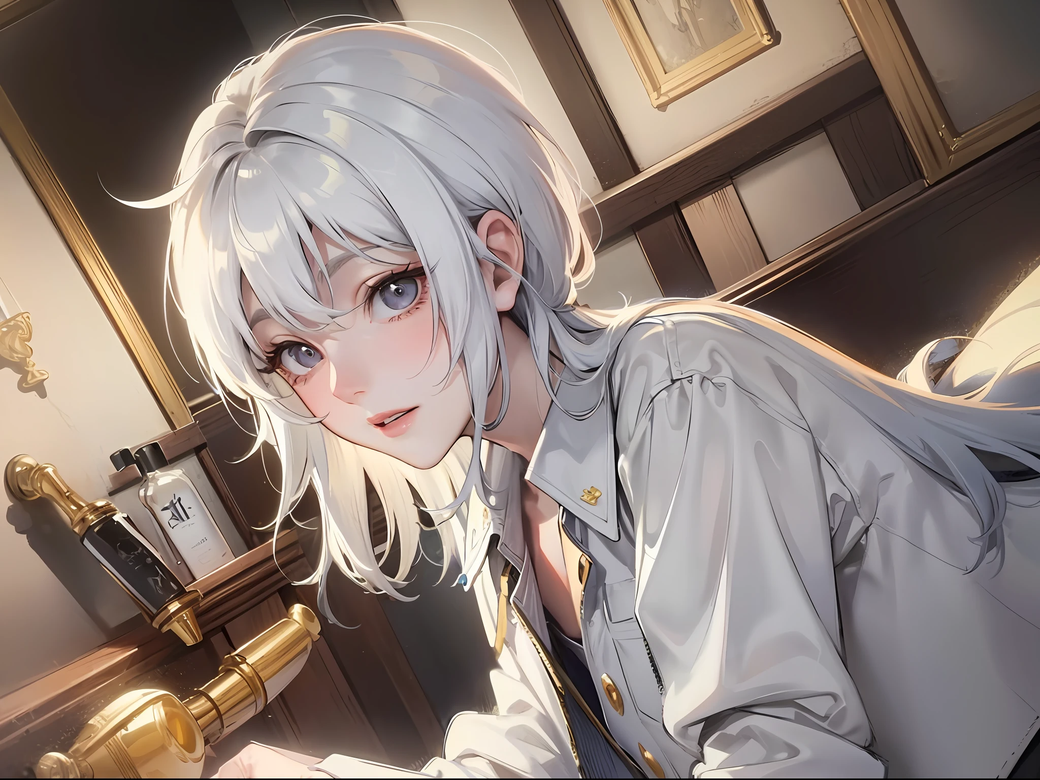 (k hd、Ultra-fine CG picture，Best picture quality、Fidelity)、(Best light and shadow effects，Very delicate and beautiful)、toilet room、of a guy、The shirt，White color hair，独奏，short detailed hair，