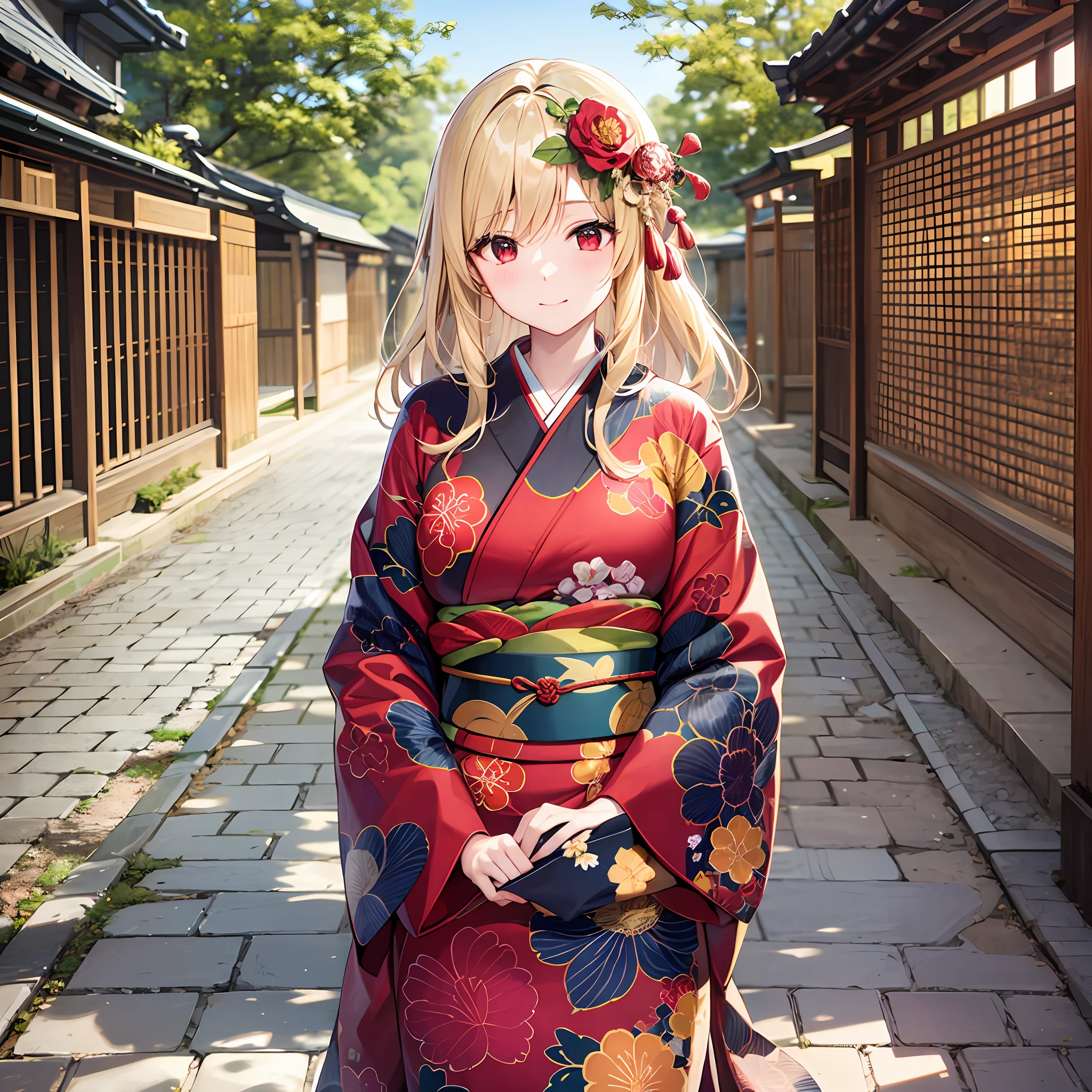 One blonde girl、red eyes、Kimono、kyoto、