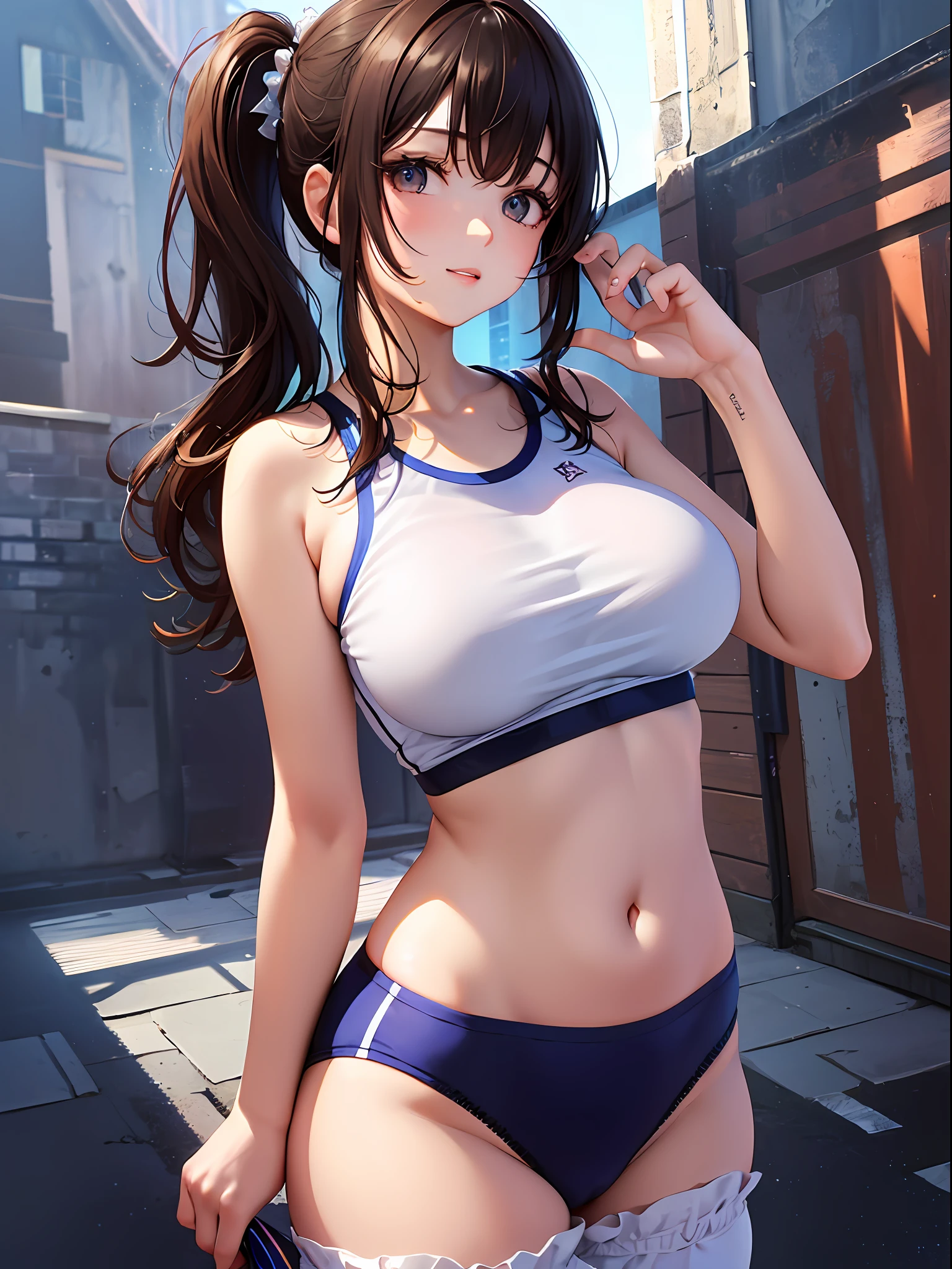 (top-quality: 1.3)、(​masterpiece: 1.3)、(The ultra-detailliert: 1.3)、(wall-paper, one girls)、([Diamonds: 1.3|The eye]:1.2)、(Perfect white gym clothes and dark blue bloomers:1.3)、(Brown hair:1.3)、Longhaire、poneyTail、(Beautiful Large Breasts:1.3)、playground、School、ssmile、sexypose、Do not expose your stomach