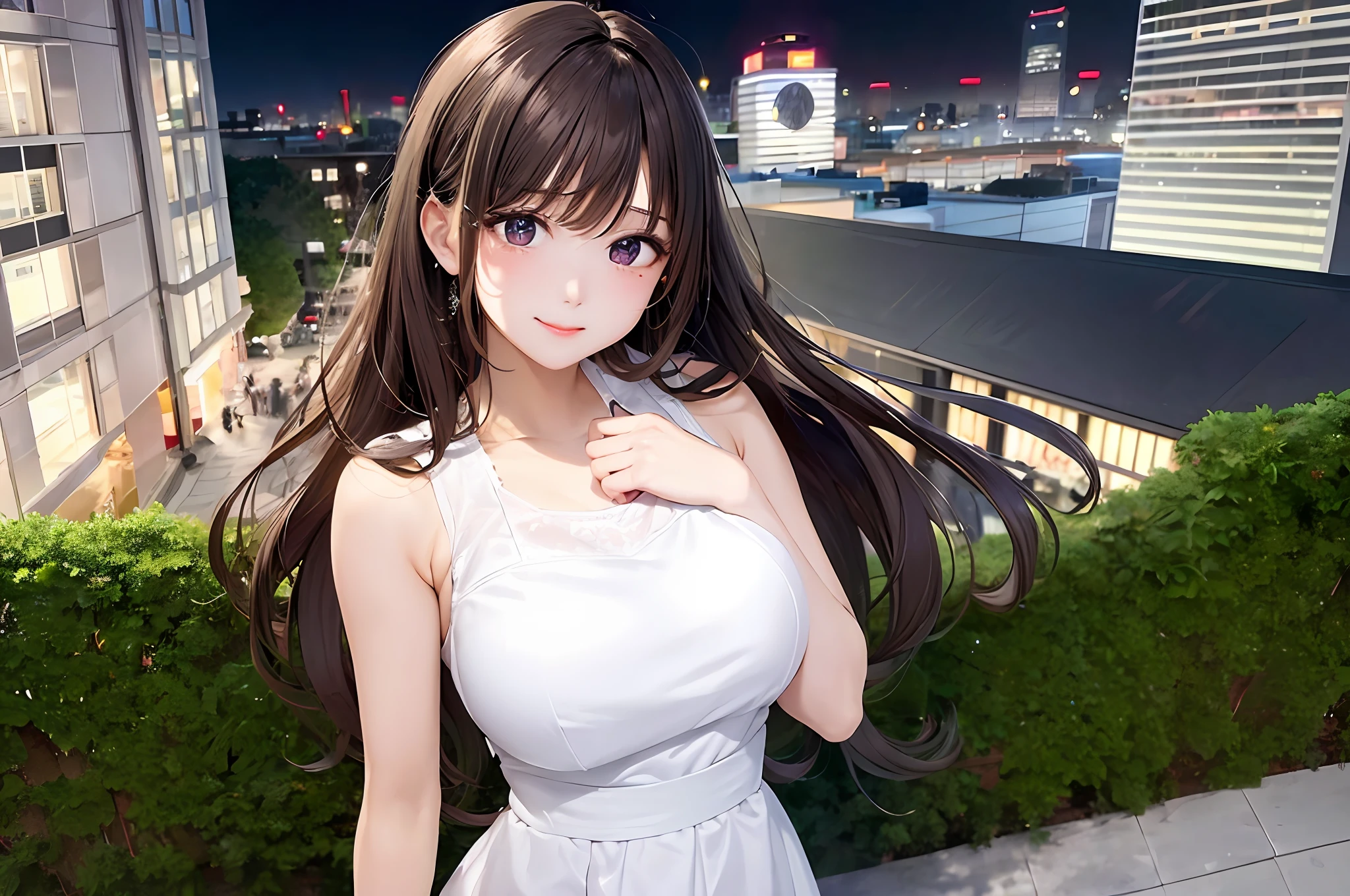 ((midynight, Need, 8K, tmasterpiece:1.3)), full bodyesbian, Long legs, Focalors:1.2, perfect figure beautiful woman:1.4, Slim abs:1.1, ((Dark brown hair, huge tit:1.2 )), (Lace lace dress, standing on your feet:1.2), ((city night scene, the roof:1.3)), Highly detailed facial and skin texture, A detailed eye, 二重まぶた,