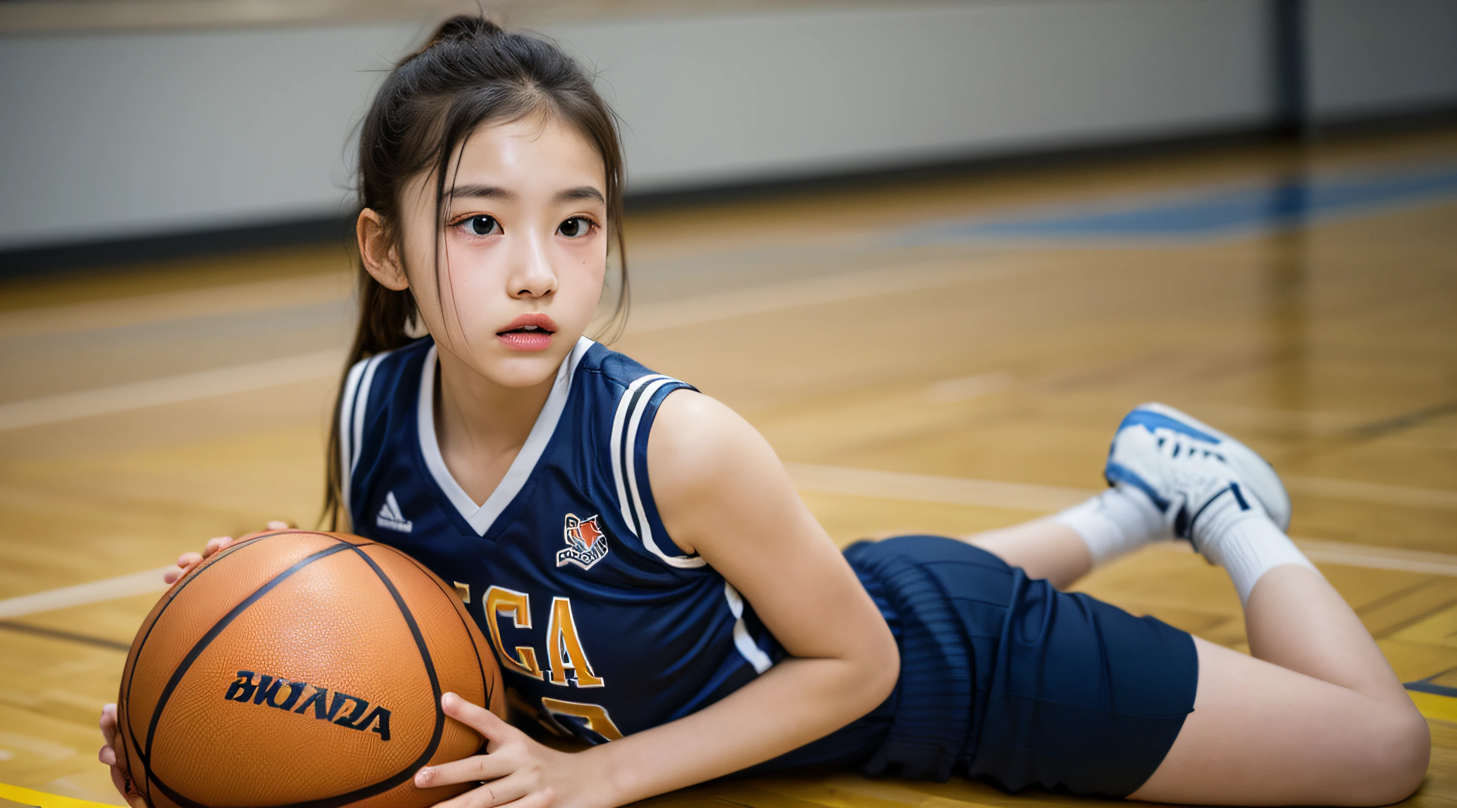 8K,12-year-old girl,wearing basketball outfit,deep v big breasts,Fine skin and texture,delicate black eyes,finely detailled