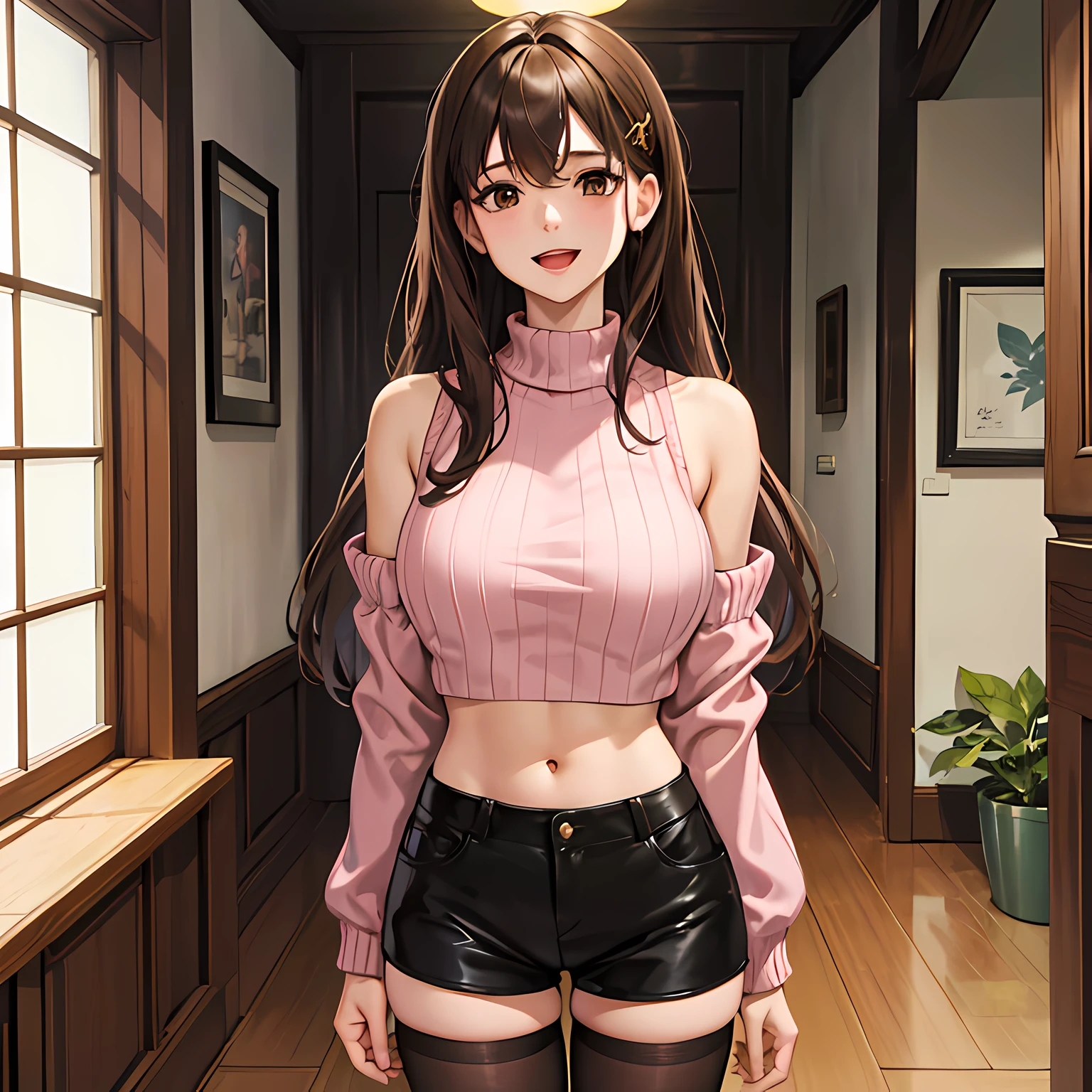 Best quality, (Masterpiece:1.2), Highly detailed, Indoors, standing, 1girll, Solo, irido yume, Upper body, looking at viewert, Open mouth, Smile, Huge breasts, Brown eyes, Dark brown hair, Long hair, haiorclip, Pink sweater, cropped shoulders, Black pantyhose, Short shorts, brown shorts,blacksilk,The kinky is exposed, --auto