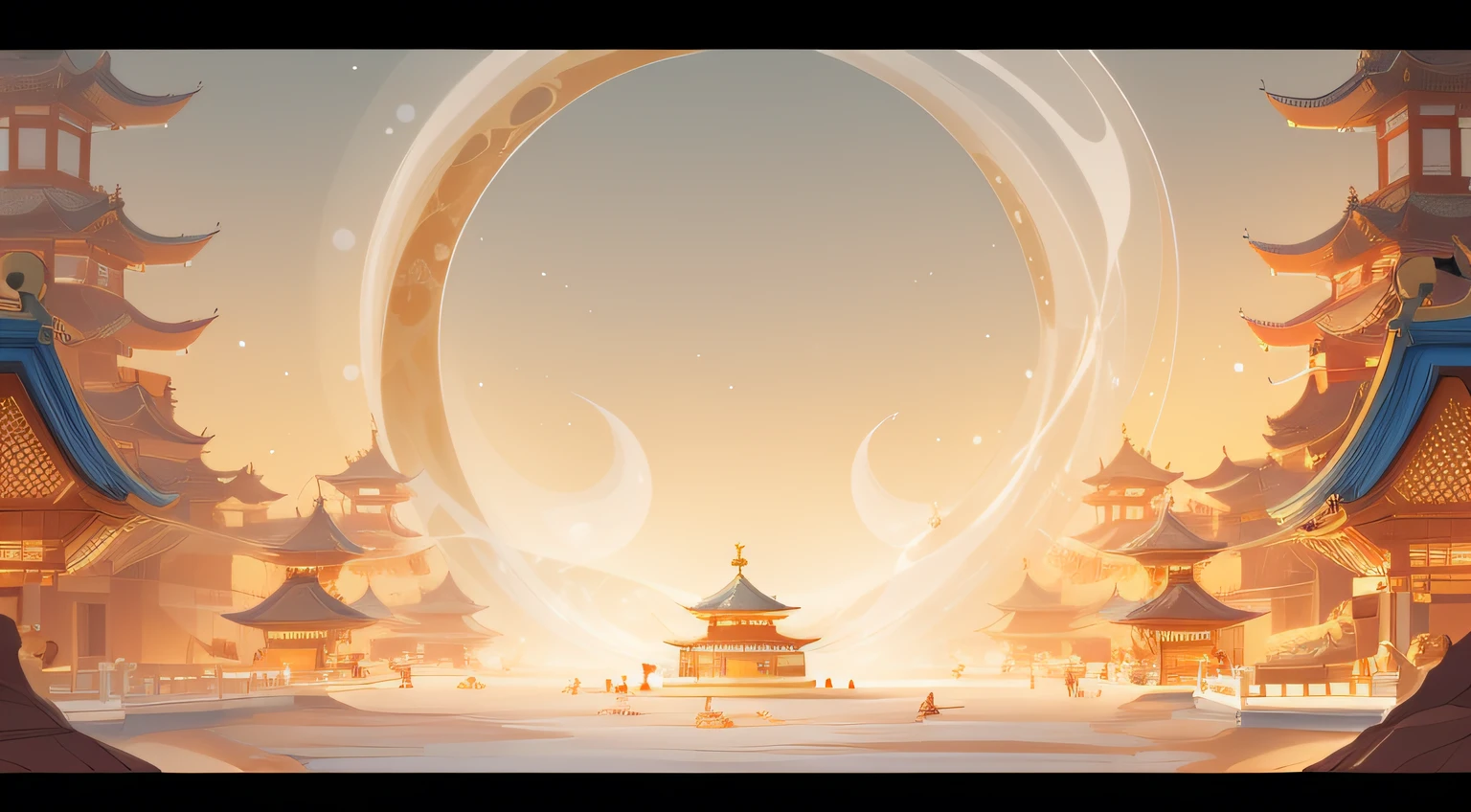 an animated piece of art in the middle of a white and orange oriental village, in the style of ethereal transparency, soft gradients, circular shapes, light gold and dark cyan, 2d game art, heian period, fluid gestures, in the style of surrealist fantasy landscapes,high detail,hyper quality,high resolution,ultra HD picture quality,32k,best quality