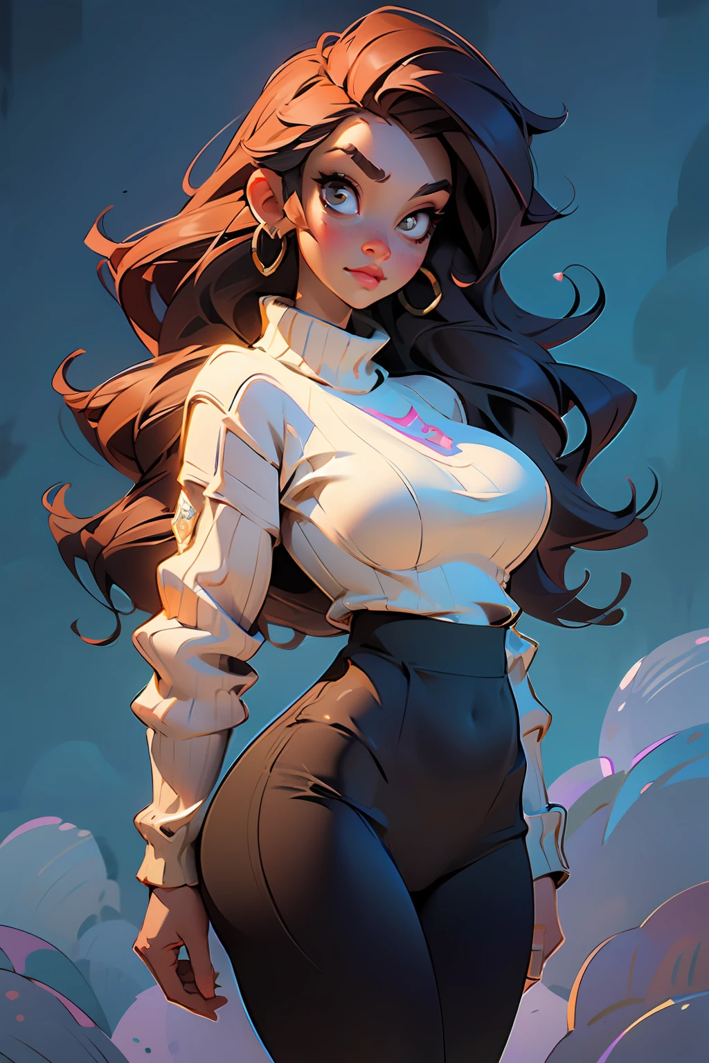masterpiece, beautiful, 4k, best quality, beautiful face, cute face, milf, cowboy shot, sweater, tight sweater, long brown hair, milf hair, large breasts, thick, wide hips, thick thigs, pouting lips, pouting expression, looking up, looking up at viewer, leggings, pantyhose, no pants, big sweater