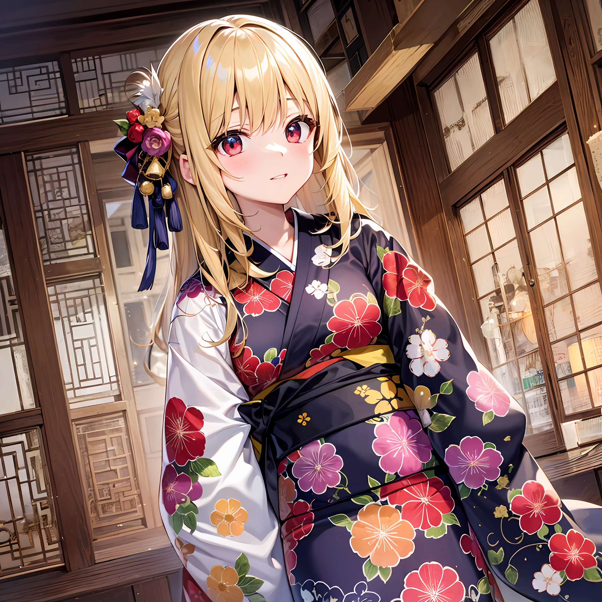 One blonde girl、red eyes、Kimono、Mare