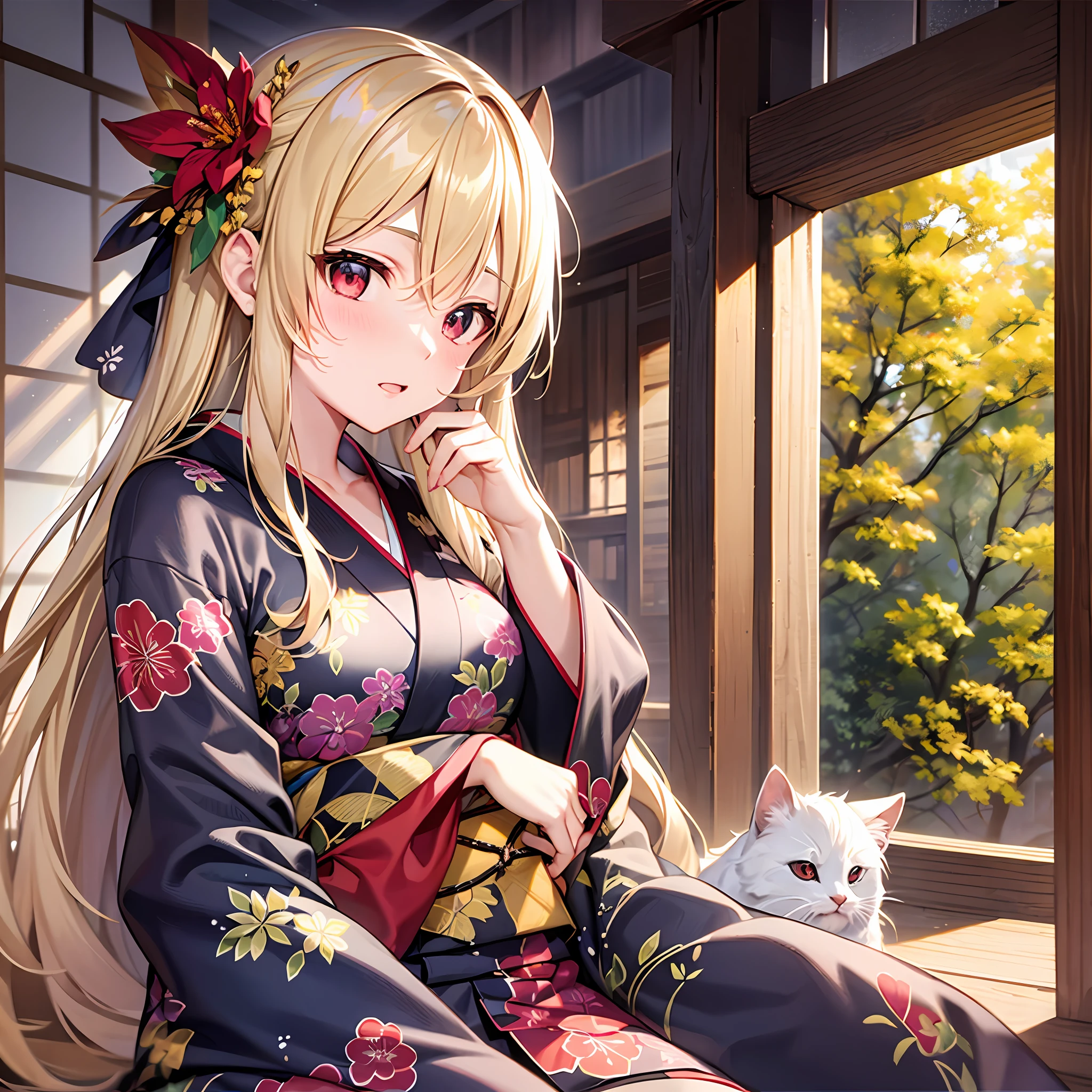 One blonde girl、red eyes、Kimono、Mare