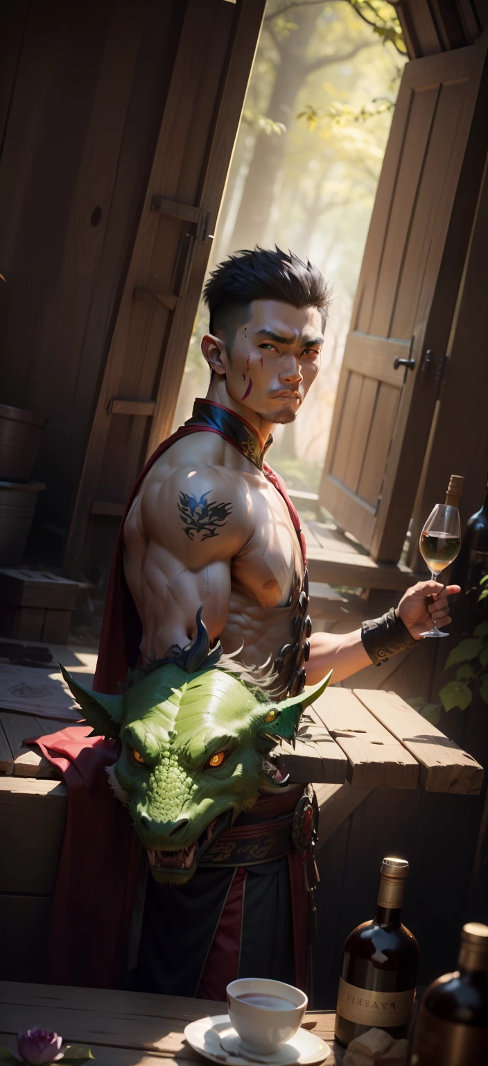 Oriental male warrior,Asian people,Handsome,the woods,Green Dragon ,The eyes are murderous ,More muscle ,The face is more natural,Scars on the face,Left hand down ,More empty wine bottles --auto