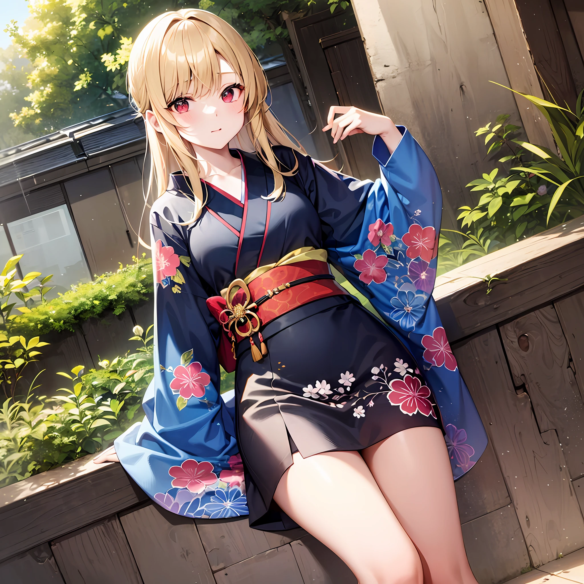 One blonde girl、red eyes、Blue kimono、a miniskirt