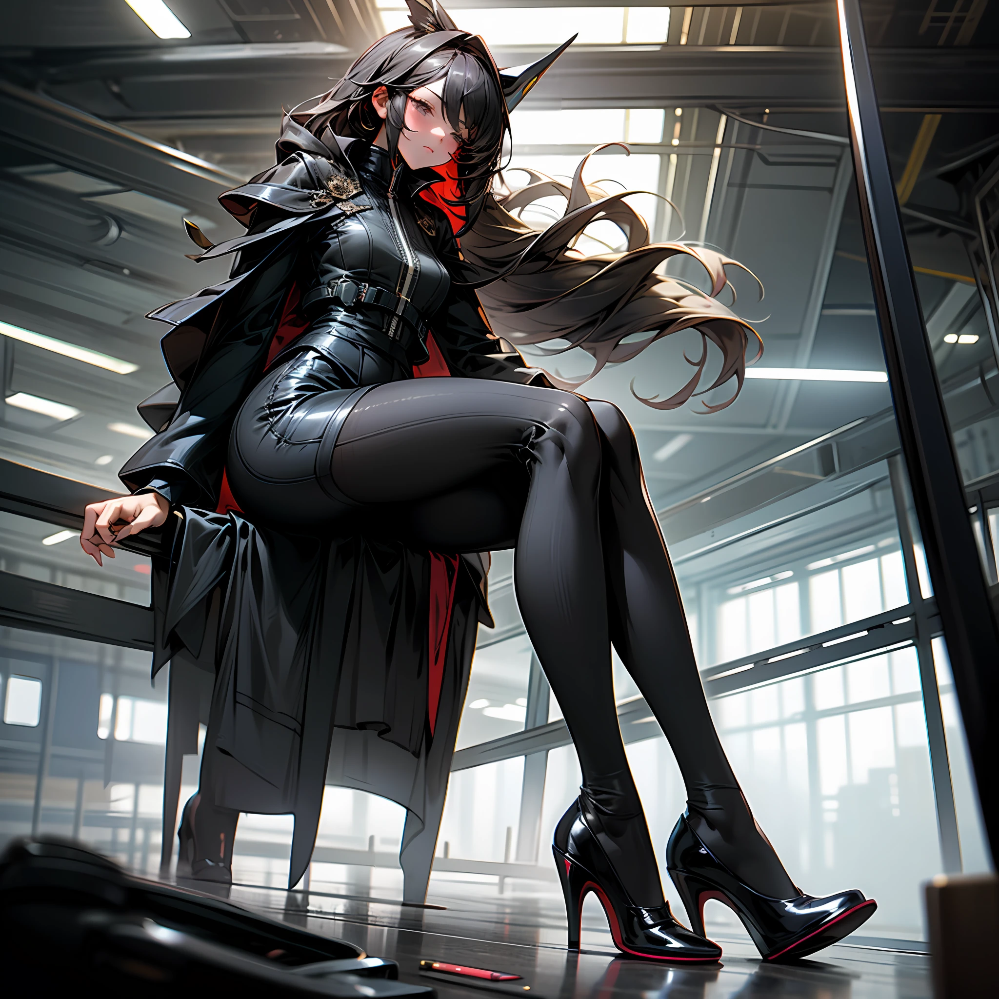 Best quality,masterpiece,ultra high res,a pair of ggx heels,1girl, black business suit, pencil skirt, black pantyhose, black footwear --auto