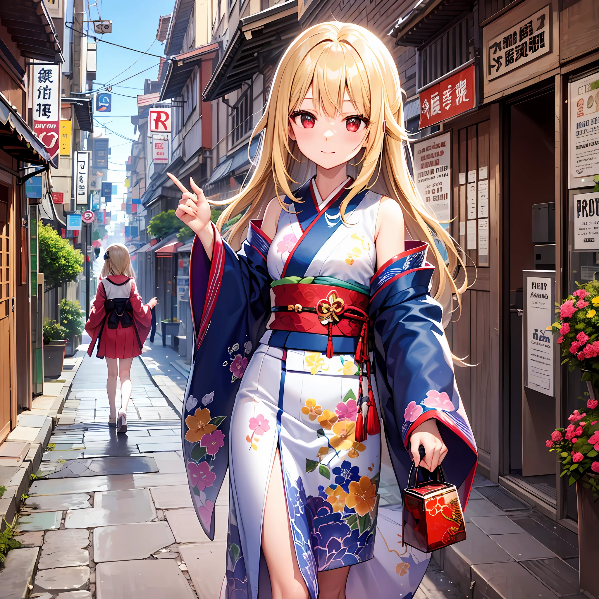 One blonde girl、red eyes、Blue kimono、a miniskirt