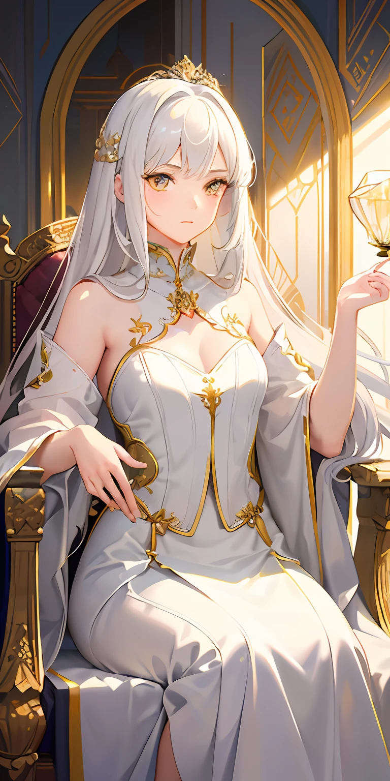 (Masterpiece:1.2), best quality, (illustration:1.2), (ultra-detailed), hyper details, (delicate detailed), (intricate details), (cinematic light, best quality Backlights), clear line, from below, soloist, perfect body, (1girl), white hair and yellow eyes, (emperor, black see-through clothes), (crown: 1.1), sitting on the throne, eyes slightly closed, head down, (shy: 1.2 ), (makeup), high contrast, (best illumination, an extremely create and beautiful), (cinematic light), colorful,