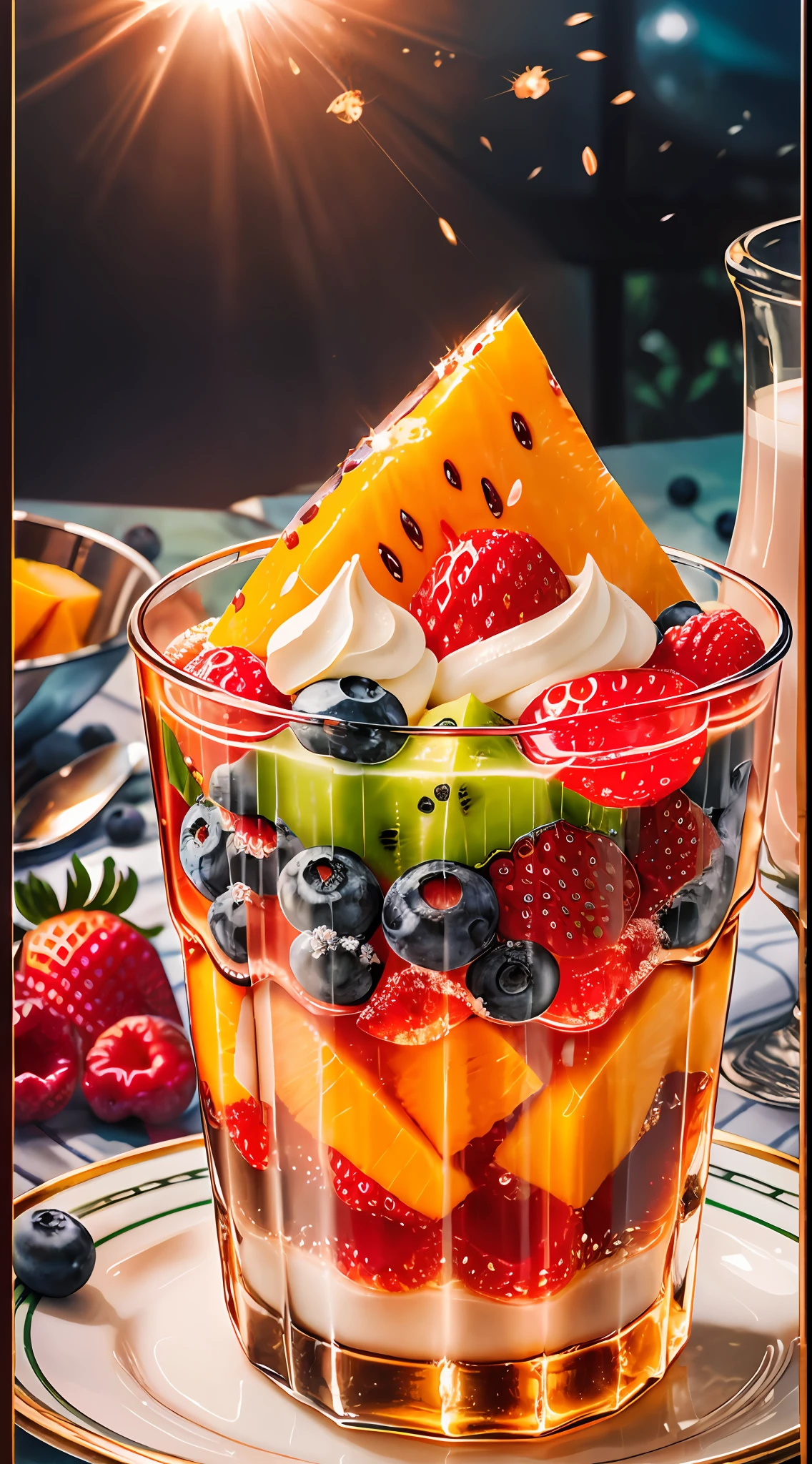 Healthy breakfast. Faceted glass, crystal, mother-of-pearl shimmers, Multi-colored highlights, Different play of light, Berry yogurt, CocktailWorld, scenery, landscape, Street, Depth of field , ((blurred background)), Masterpiece, Best Quality, ultra detail, (((Multi-layered jelly))) glass, stained glass windows, Multi-colored sparks glare, tmasterpiece, Top Quality, Experience, Chic, Boho-chic, a gold, utensil, kettle, a cup, plate, crystals, with floral print,1 cup milk yogurt) 1 teaspoon vanilla extract of your choice, Chopped fresh fruits (For example, strawberries, kiwi, mango, blackberry, raspberry, cherry, carambola, blueberries, etc.) Marengo, coffee