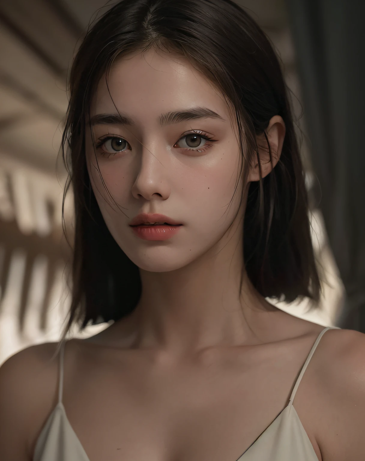 Best quality, masterpiece, ultra high res, (photorealistic:1.5), raw photo, 1girl, offshoulder, in the dark, deep shadow, low key, cold light, sexy look, short hair