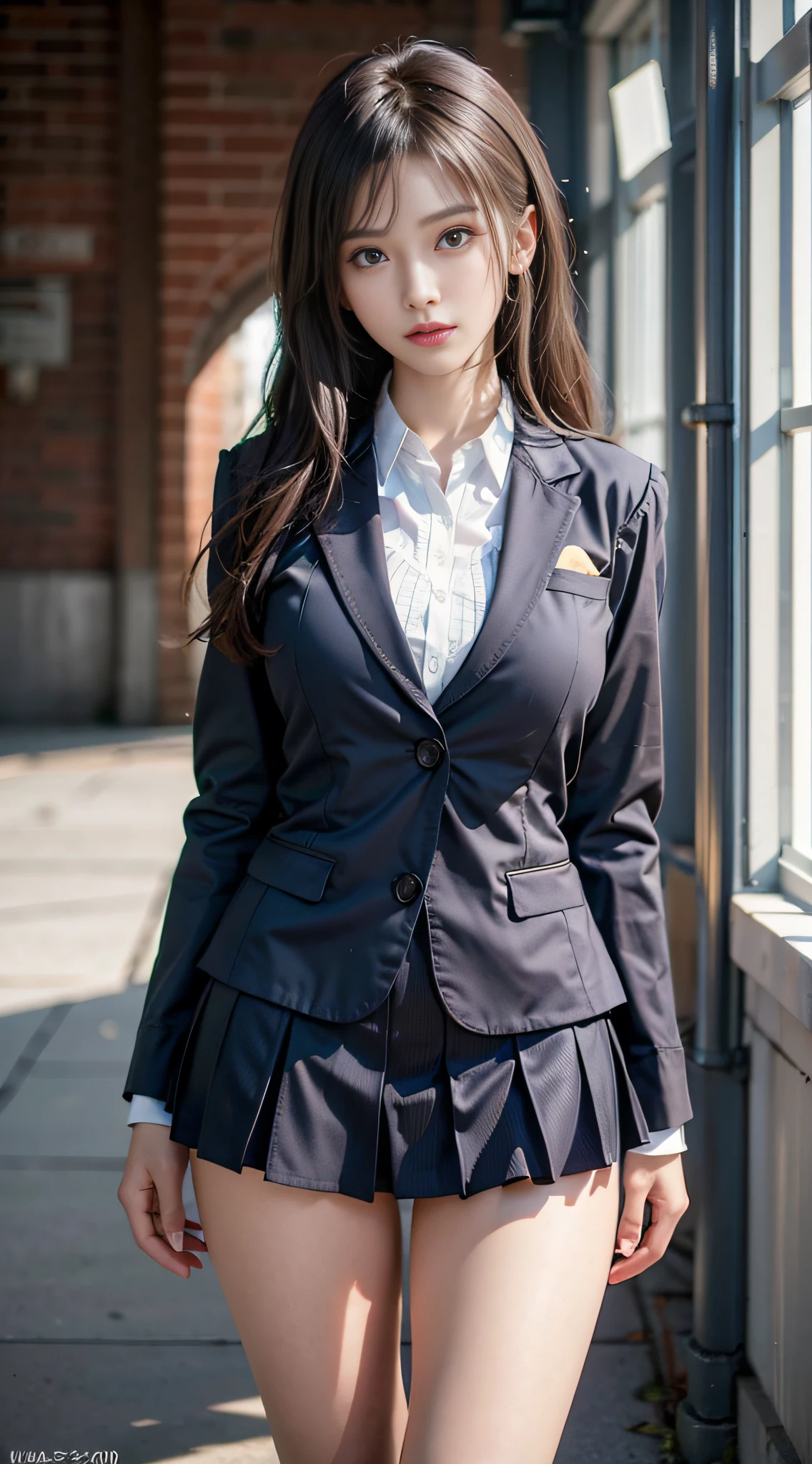 Best quality, masterpiece, ultra high res, (photorealistic:1.4), raw photo, (slender legs), (beautiful hands), (normal body shape), dynamic pose, 1girl, solo, school uniform, in the dark, deep shadow, low key, cold light 12000K,