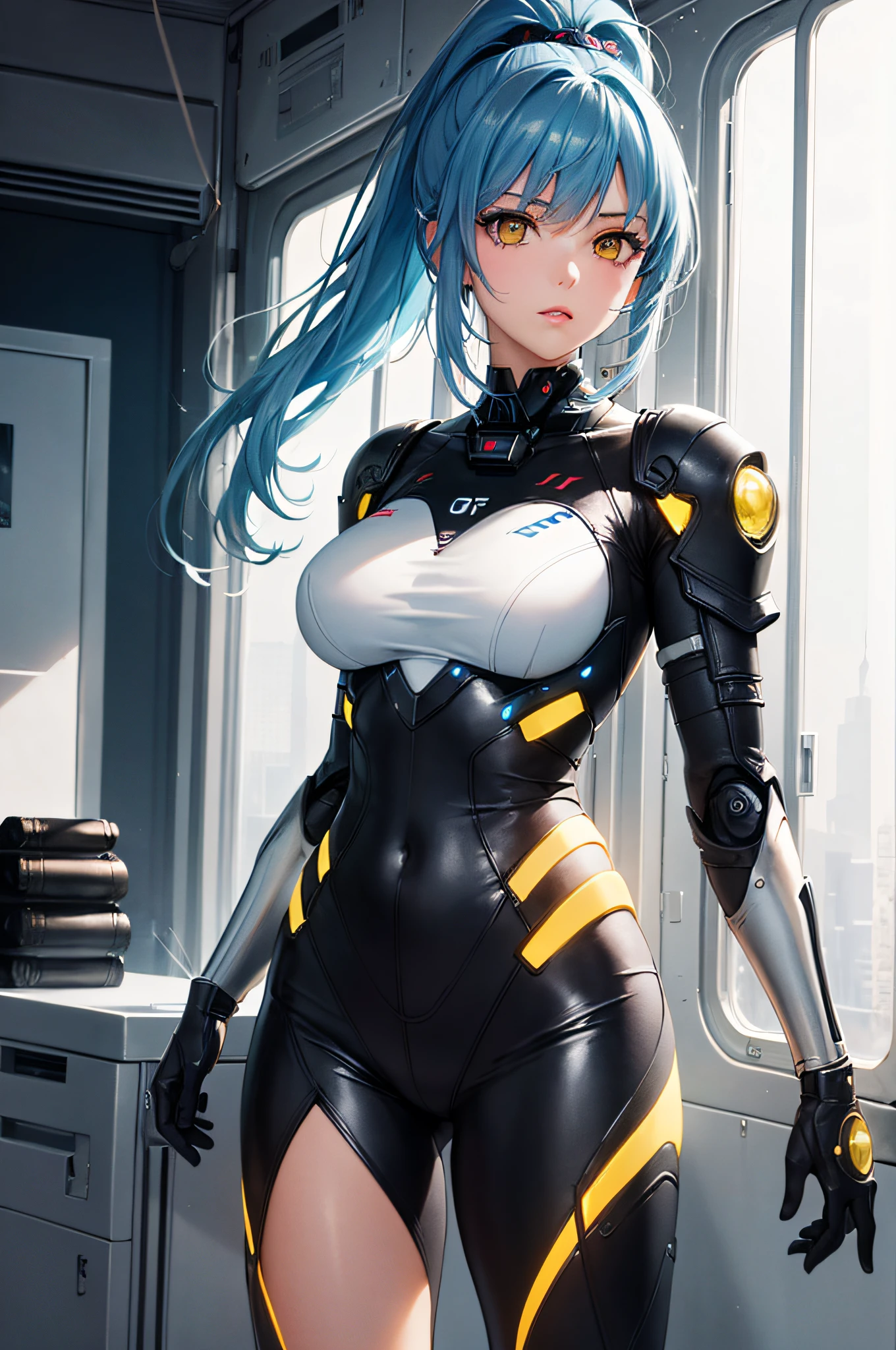 (((masterpiece))), (((best quality))), ((ultra-detailed)), (highly detailed CG illustration), ((an extremely delicate and beautiful)), cinematic light,((1girl)), solo, (upper body), (character focus), absurdres, high contrast, extreme detailed,colorful,highest detailed, science fiction, nanosuit, high ponytail, (light blue hair), yellow eyes, knee boots, (spacecraft interior), mechanical limbs, large breasts, metal wire,