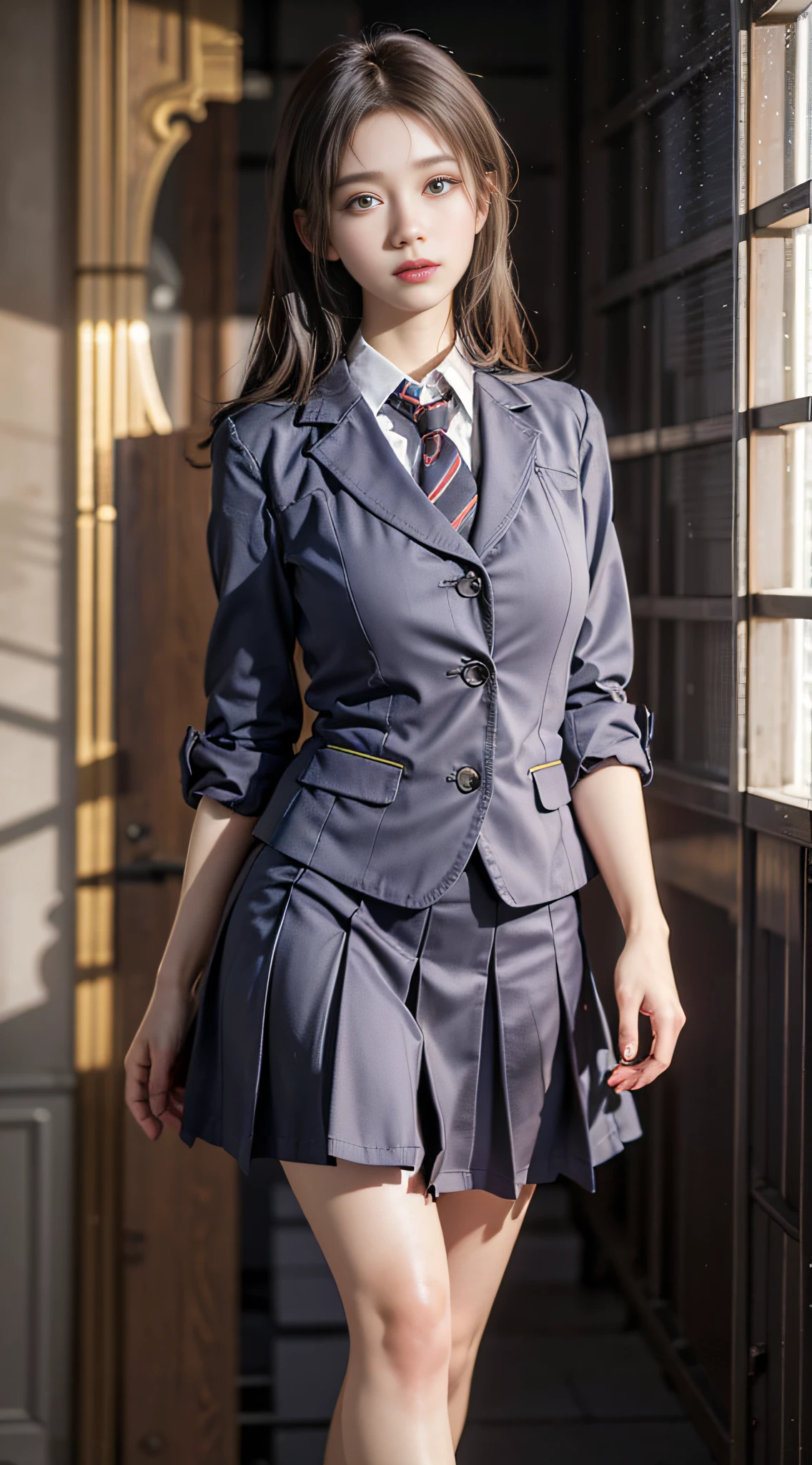 Best quality, masterpiece, ultra high res, (photorealistic:1.4), raw photo, (slender legs), (beautiful hands), (normal body shape), dynamic pose, 1girl, solo, school uniform, in the dark, deep shadow, low key, cold light 12000K,