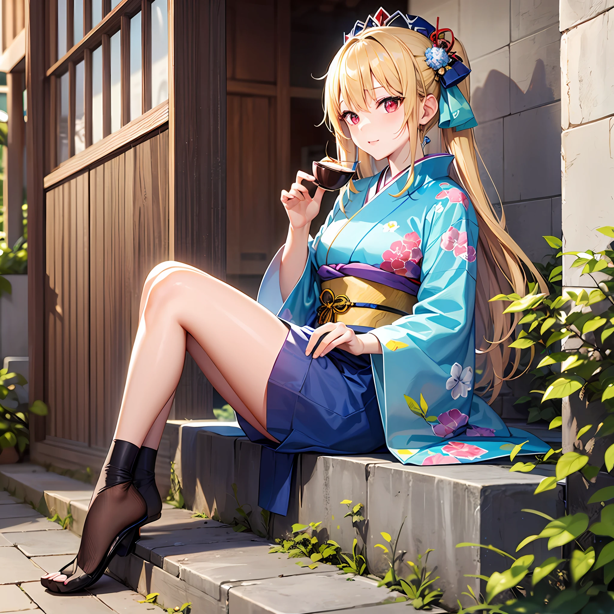 One blonde girl、red eyes、Blue kimono、beautiful foot