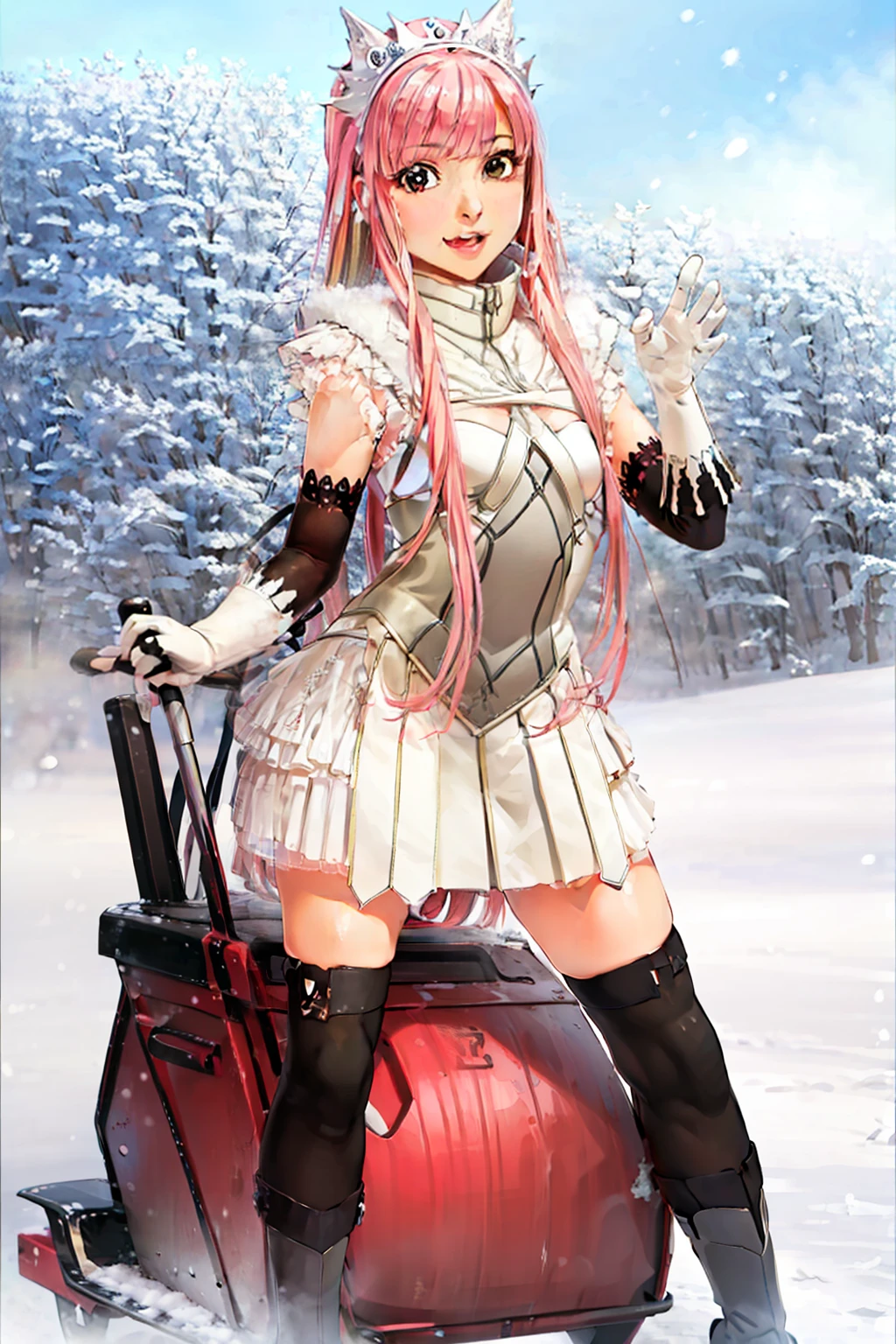 1girl, pink hair, on sled, outside, winter background