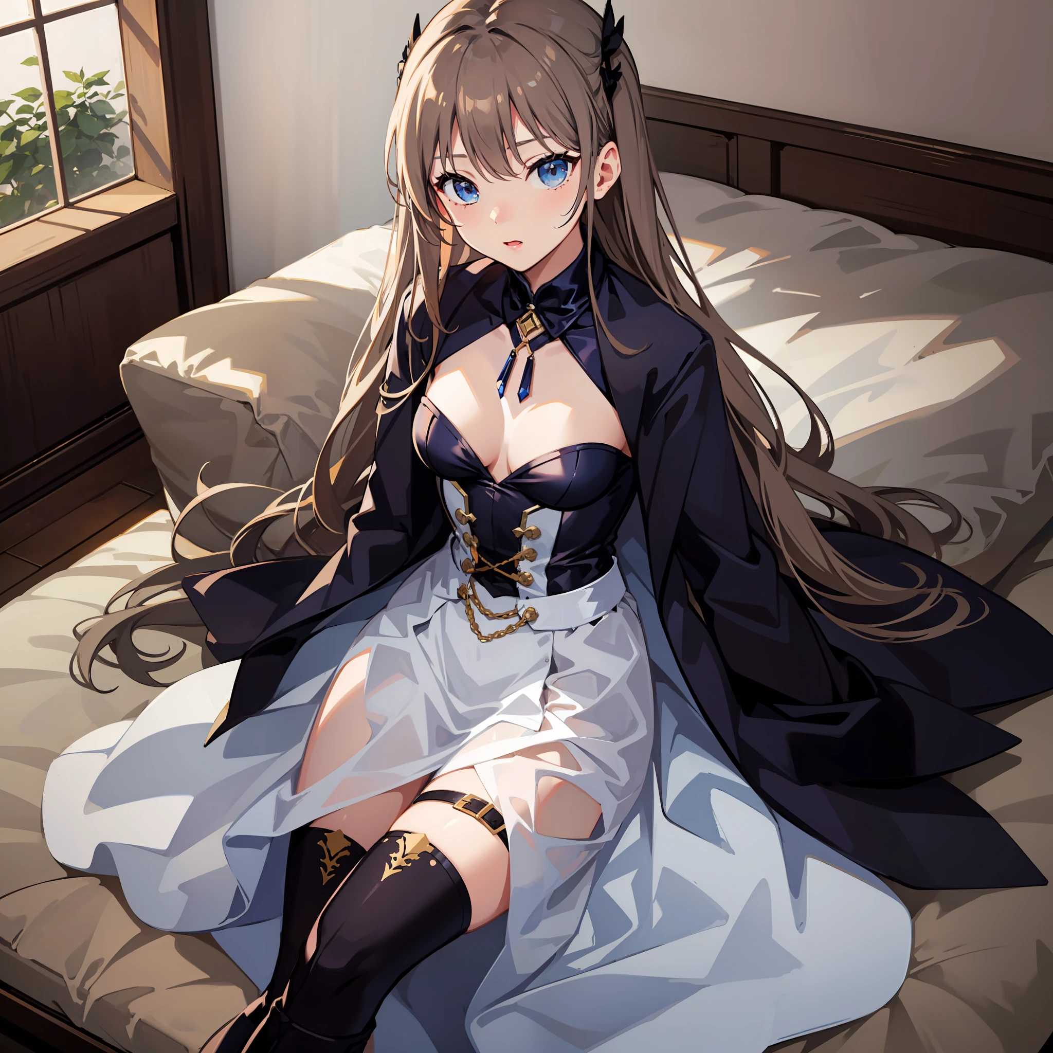 1girl,22years old,light brown hair,hair spread out,long hair,dark blue eyes,medium-sized chest,black overskirt,white blouse,black hairpin,black ankle boot,indoor,masterpiece,best quality