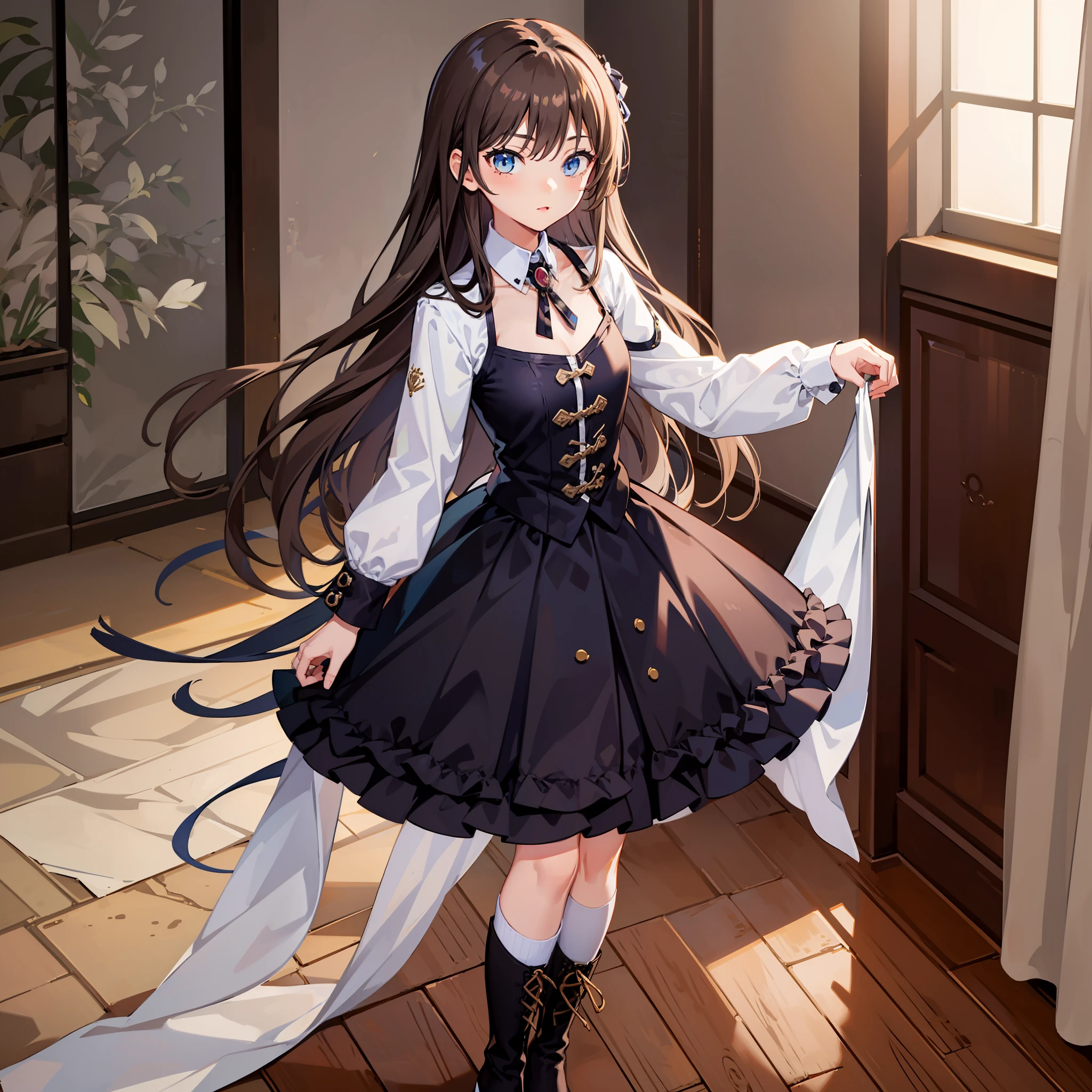 1girl,22years old,light brown hair,hair spread out,long hair,dark blue eyes,medium-sized chest,black overskirt,white blouse,black hairpin,black ankle boot,indoor,masterpiece,best quality