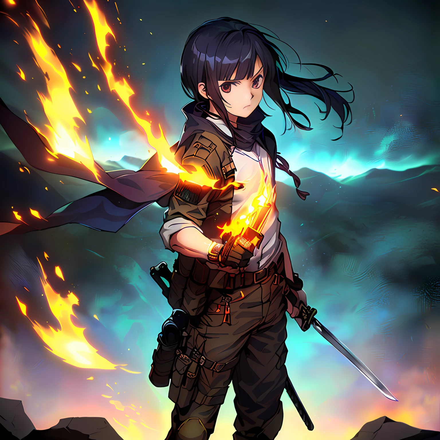 Kizi,style of anime,tactical clothes,Armed with a firearm,Frontal standing photo,Cool atmosphere,He has a ninja sword on his back,There is fire on the weapon --auto