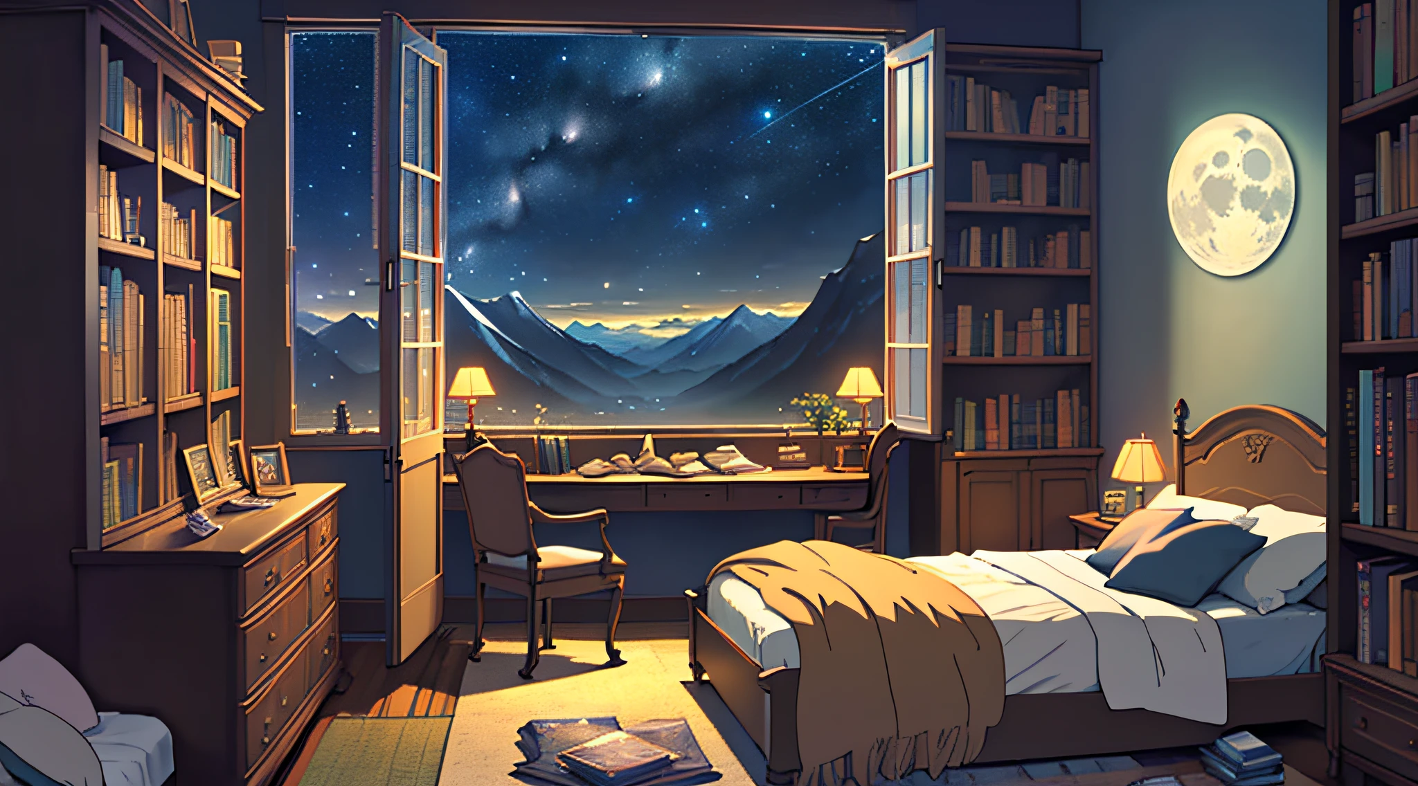 Messy room, bed in the center of the room, bookcase with books, cozy, night weather, starry sky, moonlight, big window, landscape with mountains, cozy landscapeanime style, anime, Ghibli-like colours, HD, high quality, high details, super detail, masterpiece