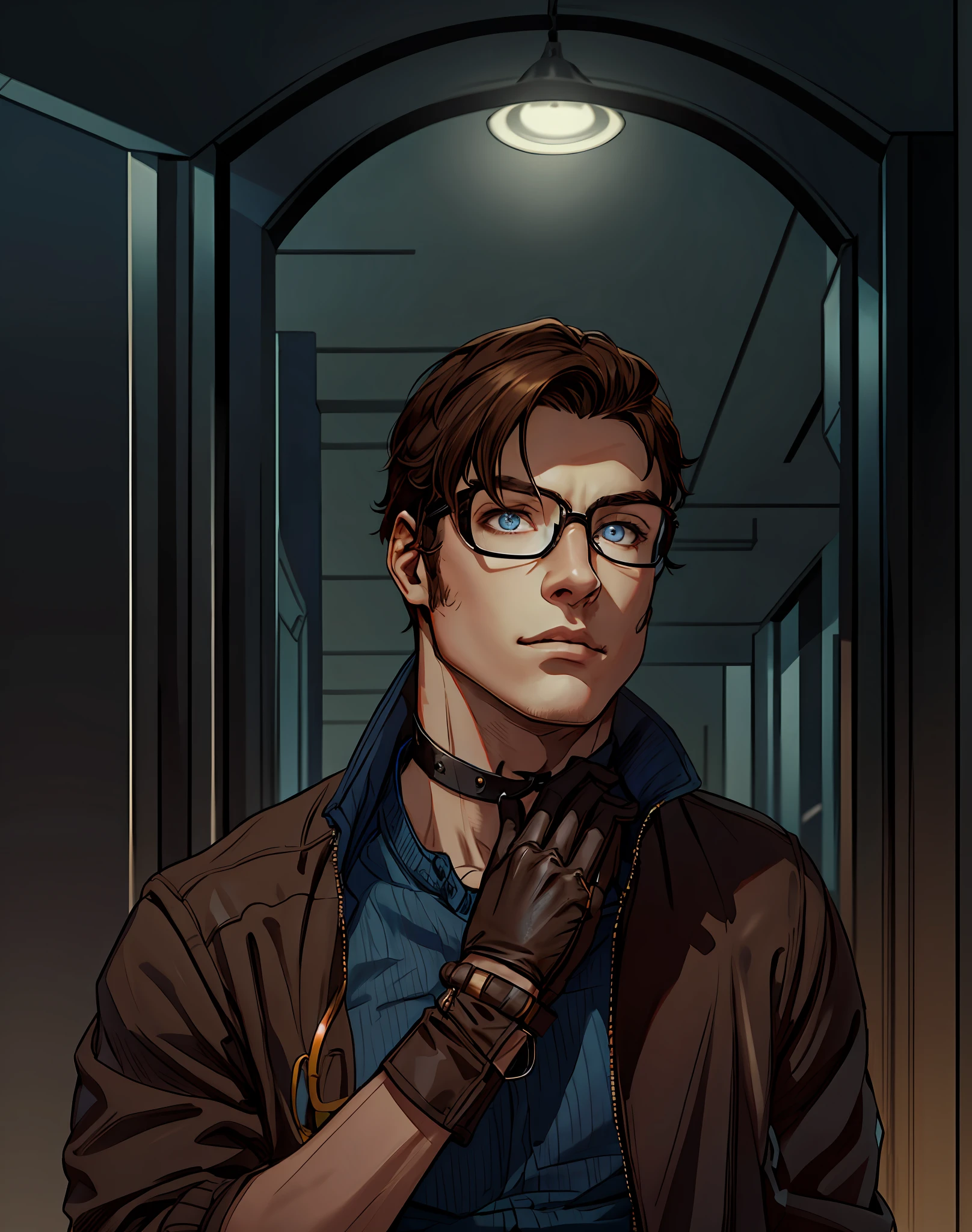 Young male, choker, gloves, glasses, cute, facemask, pulse checking, blue eyes, leash , brown hair, short hair, naked chest , fancy jacket