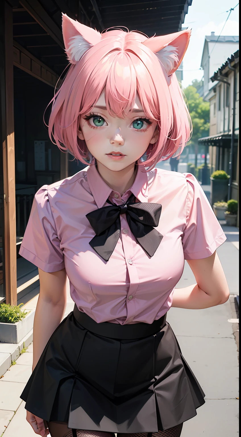 ((((detailed face)))),(Highest picture quality), (Master's work), (Detailed eye description), (8K wallpaper), (Summer plant room),cat girl,cat ears,(pink hair:1.25), short hair,(green eyes:1.23),(ringed eyes:1.1),((tareme)),medium_eyes,(light blue bowtie on neck), (1980s), (Detailed face description),((shy)),(detailed face),half closed eyes,head down, (((pink shirt))),(black skirt),(black fishnet pantyhose:1.1), black garter belt,(black bow),thigh strap,
standing, overall skirt, 
on street,
((((detailed face)))),