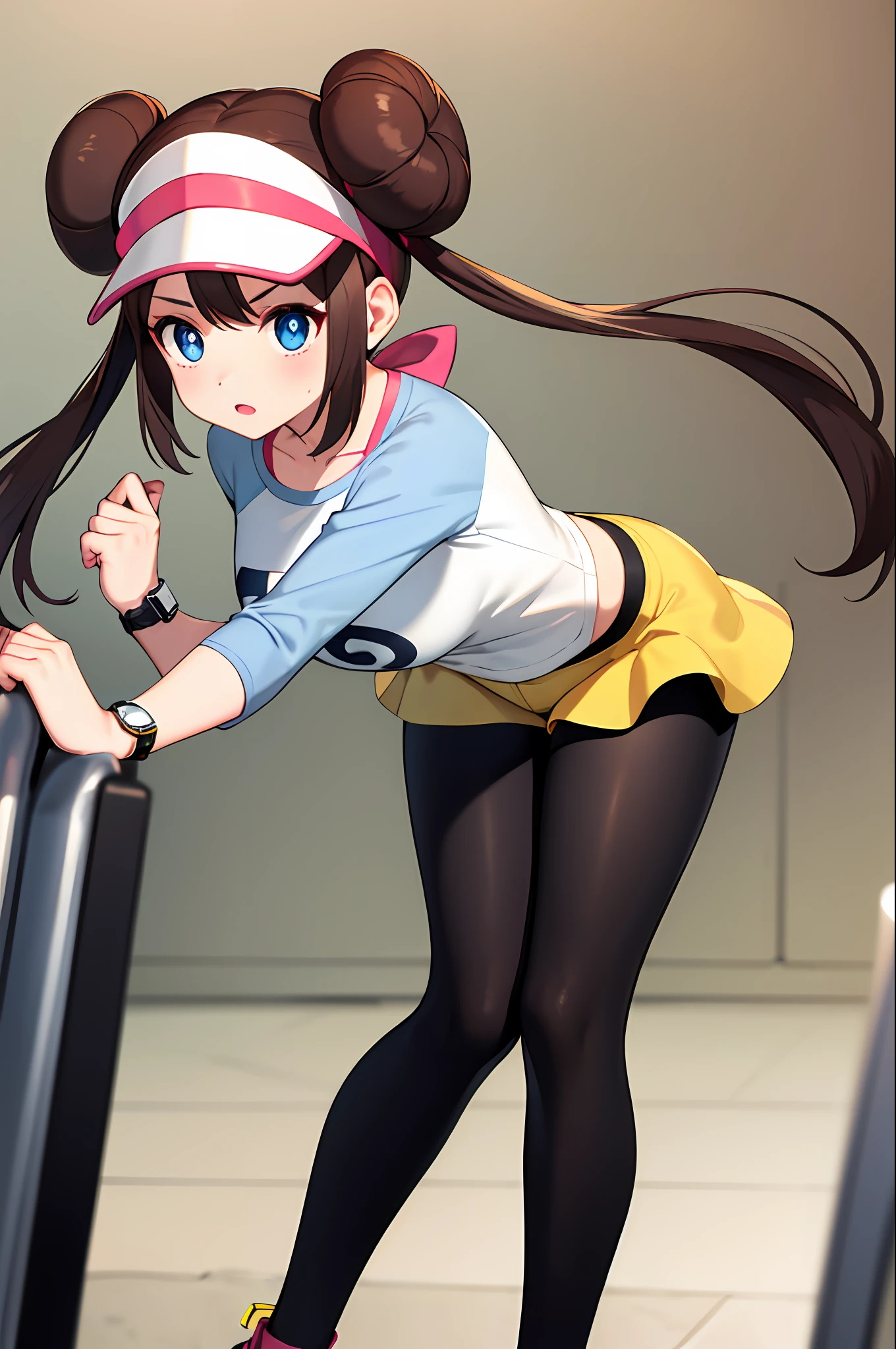 masterpiece, best quality, highres, ro1, hair bun, blue eyes, twintails, visor cap, pantyhose, raglan sleeves, yellow shorts, shirt, pink bow, wristwatch, standing, leaning forward, gym,