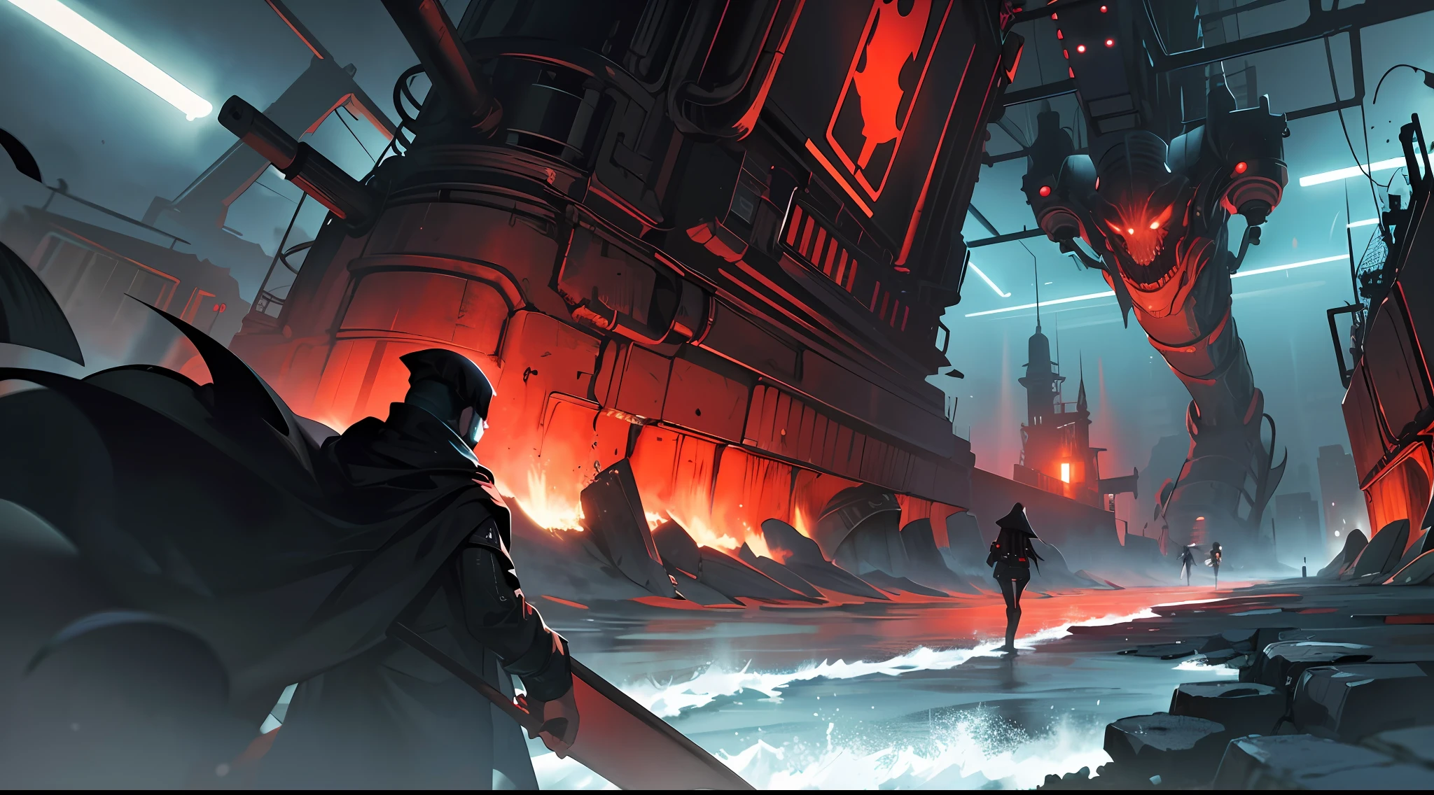 The night was dark，It was very windy，There is a lot of fog，Cthulhu style，Mutated sea monsters in the mist work together to build mechanical airships，atmosphric perspective，（Large energy plants:1.5），Mysterious fog，（Mutants busy nights in the factory:1.3），dark blue tint，（best qualtiy:1.4），depth of fields，（the detail:1.4），perfect compositions，cyber punk perssonage，sea surface，Conceptual atmosphere map，Rich design，Red energy device，Leaking red liquid，A sense of atmosphere of horror，（In the sewers:1.5），sea surface，Underground Black Army，Underworld，The dilapidated factory has a lot of mutated workers --auto