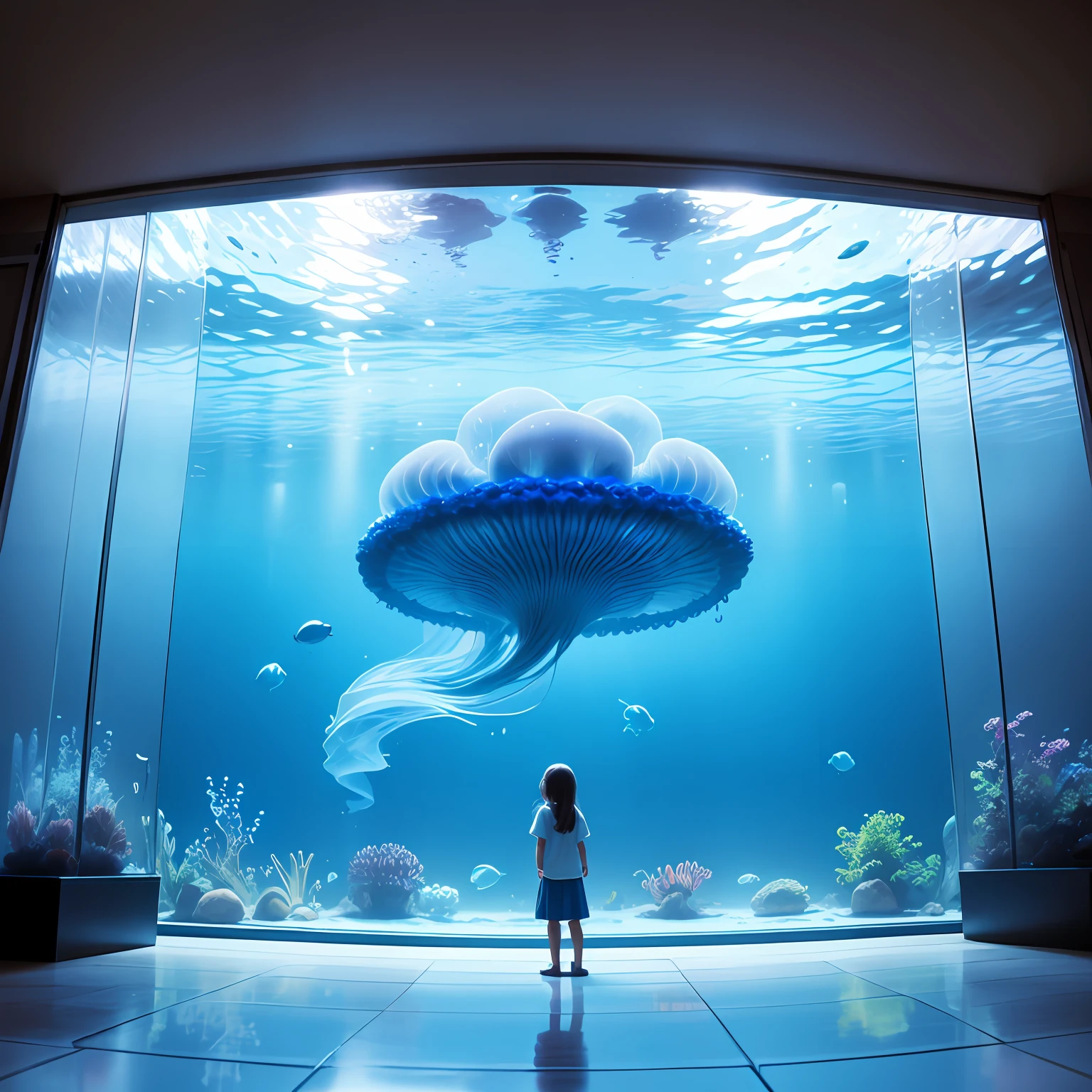 Large aquarium,The jellyfish interacts with the little girl outside the glass inside the blue flat floor-to-ceiling glass