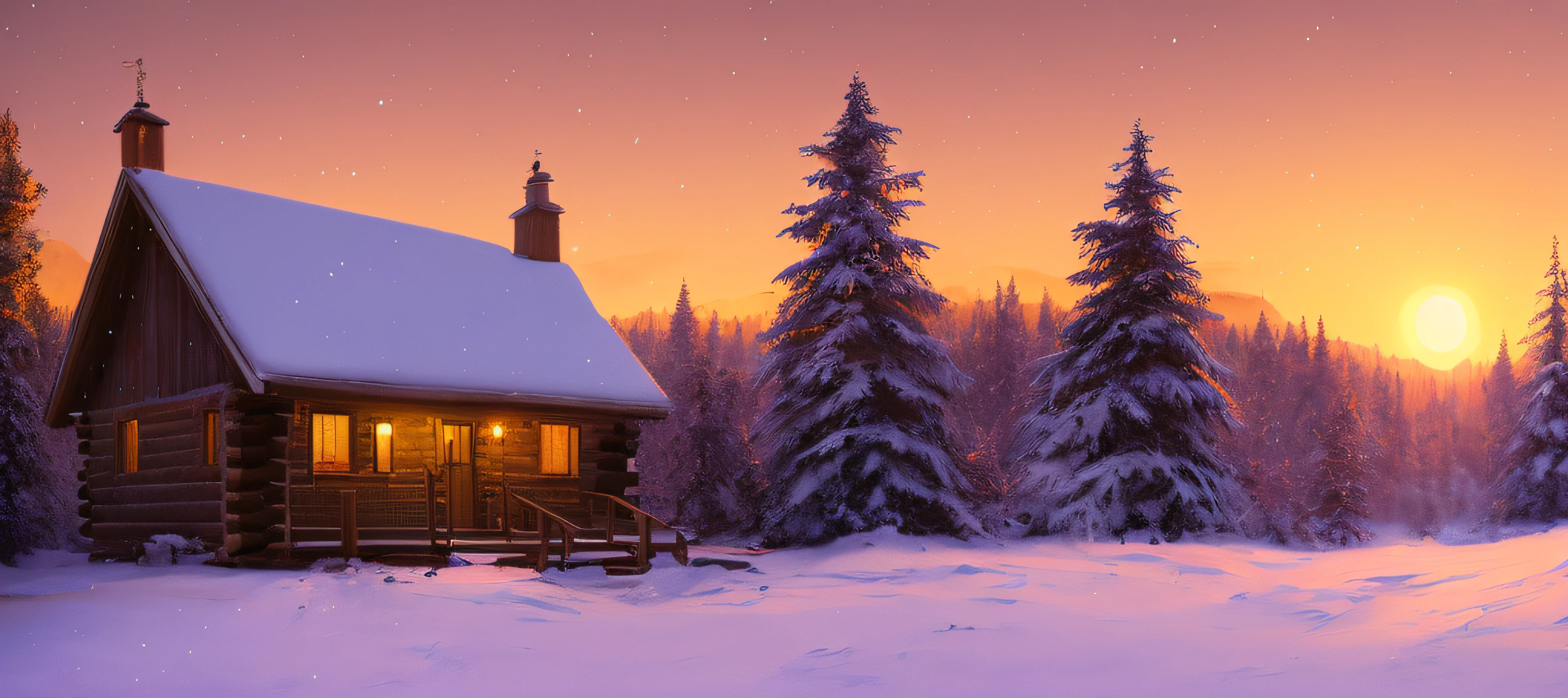 Chroma V5, (very detailed CG unity 8k wallpaper), illustration depicting winter forest with tall trees covered in snow. In the center of the image, left | right, there is a small pond or lake, surrounded by snow and ice. On the center|left|right of the image, there is a (cozy wooden cabin:1.3)), ((warm light:1.2)) shooting out of the window. The overall feeling is a tranquil beauty and serenity in the snowy winter landscape. chromatic aberration, detail, HDR, Bloom, Monet, Pissarro and Sisley's style, trends on ArtStation, trends on CGSociety, art of midjourney, complex, highly detailed, digital painting, art station, concept art, smooth, clear focus, illustration, 8k, artgerm, works by Greg Rutkowski and Alphonse mucha, (rtx), beautiful, detailed luminescence, Cinematic Light, Ultra Detailed, Cinematic, ((pink|purple|orange|magenta|red sunrise)), photorealism, hyper-realism, 8k, nvinkpunk, reflection, mist