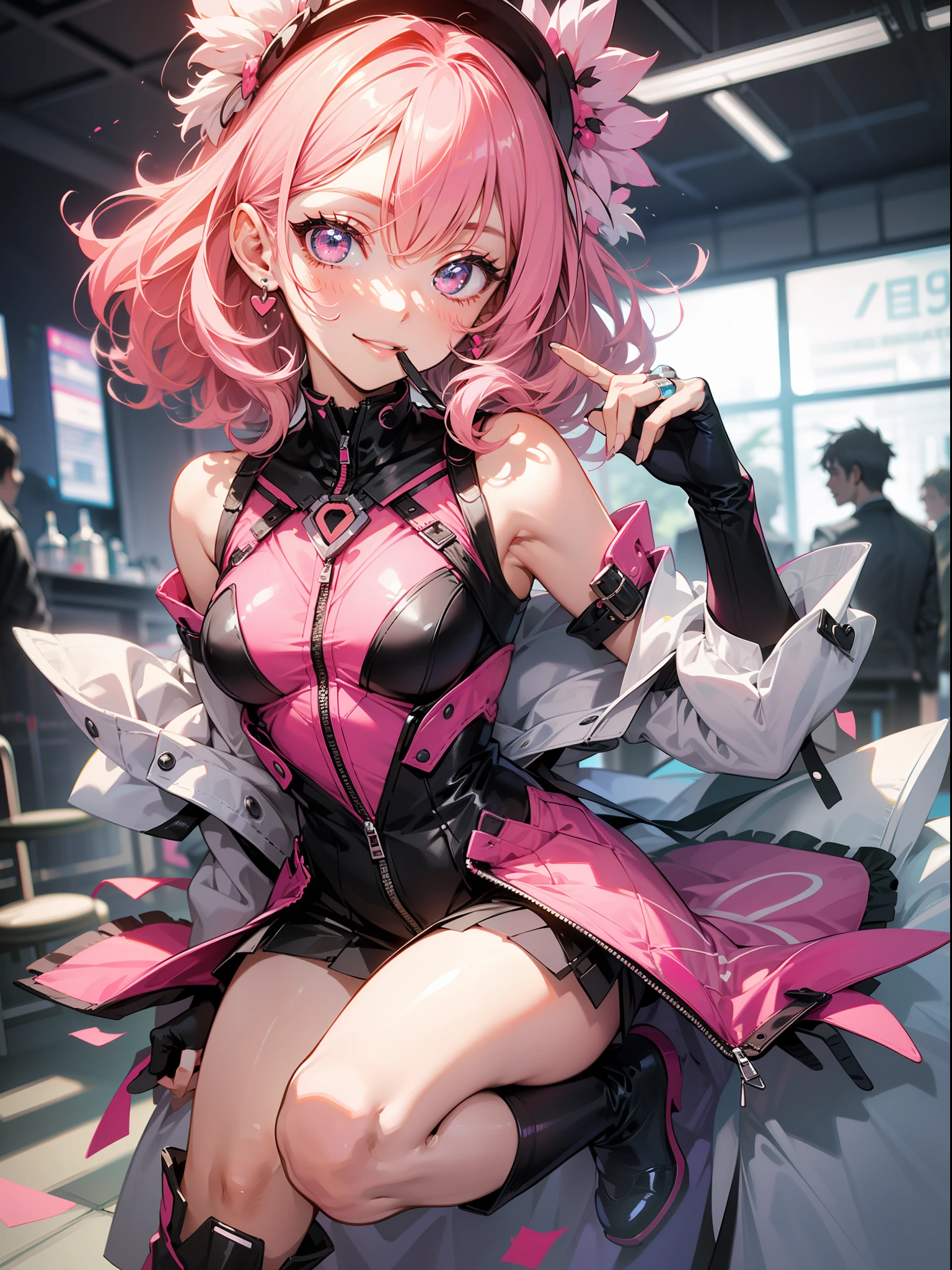 (tmasterpiece):(Beautiful CG):(adolable):(Over-the-knee boots):(1人):(Mechanical environment):(Cheerful expression):(Sweet details):(high saturated):(Cartoon Eye):(Design clothing:1.2):(with pink hair:1.2)：(a pink eyes：1.3):(Small nose and mouth:1.1):(Pink lips:1.1):(curlies:1.1):(Run the gear):(heart - shaped face):(high qulity):(Simple and crisp)，short detailed hair，mike