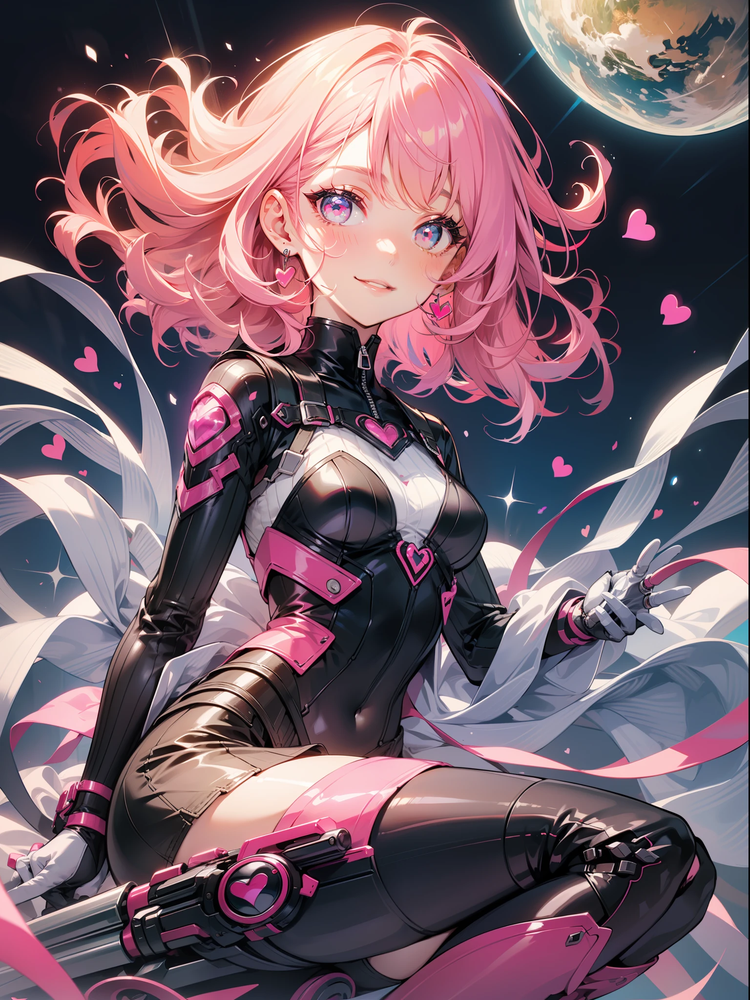 (tmasterpiece):(Beautiful CG):(adolable):(Over-the-knee boots):(1人):(Mechanical environment):(Cheerful expression):(Sweet details):(high saturated):(Cartoon Eye):(Design clothing:1.2):(with pink hair:1.2)：(a pink eyes：1.3):(Small nose and mouth:1.1):(Pink lips:1.1):(curlies:1.1):(Run the gear):(heart - shaped face):(high qulity):(Simple and crisp)，short detailed hair，mike