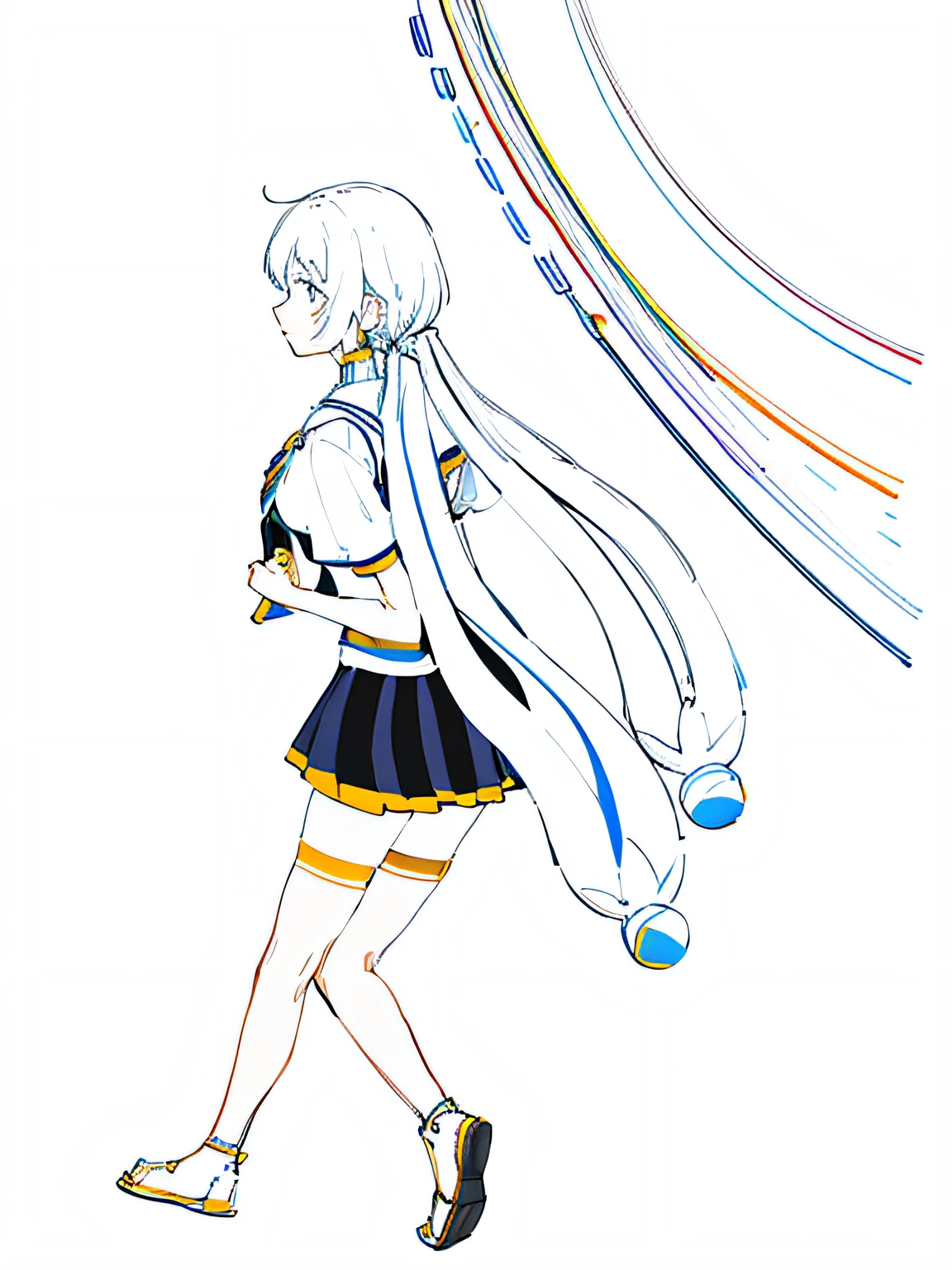 A painting of a girl in a short skirt walking in a cape, clean anime outlines, clean lineart, Simple lines of art, perfect lineart, Outline sketch, linear art, thick black lineart, thick lineart, Line art!!, Line sketch!!, Simple line art, Line sketch, thick line art, variable lineart, clear outfit design, sharp lineart