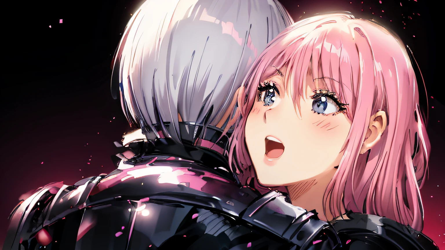 A beautiful girl with pink hair is hugged by a young man with black hair and black armor，Girls are shy，