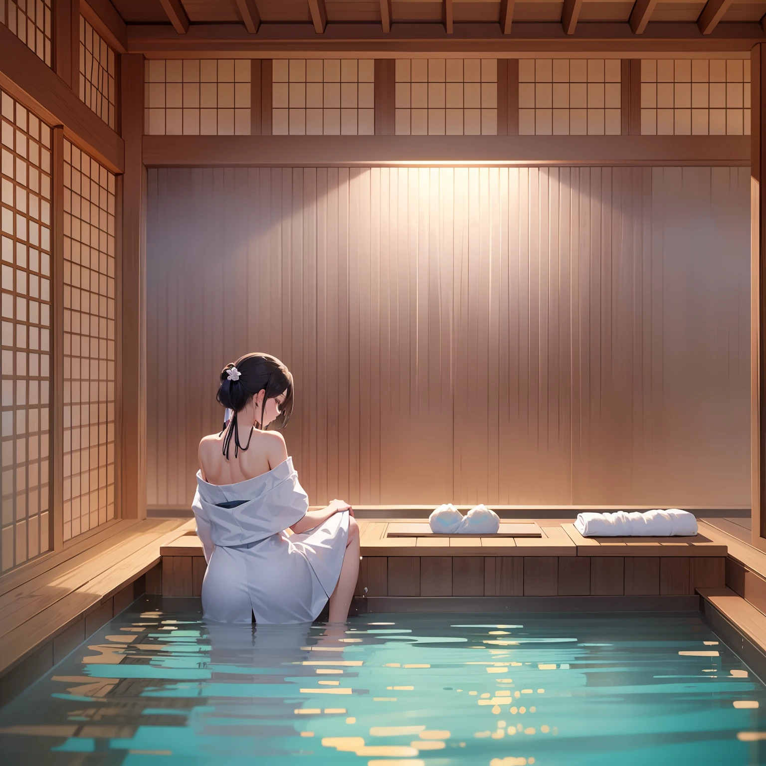 posterior view、The right shoulder is hidden by a white cloth The left shoulder is not hidden、The back is visible、Front view from the rear、Kneeling、Bathing in water、japanese bathhouse、Night painting、hot onsen