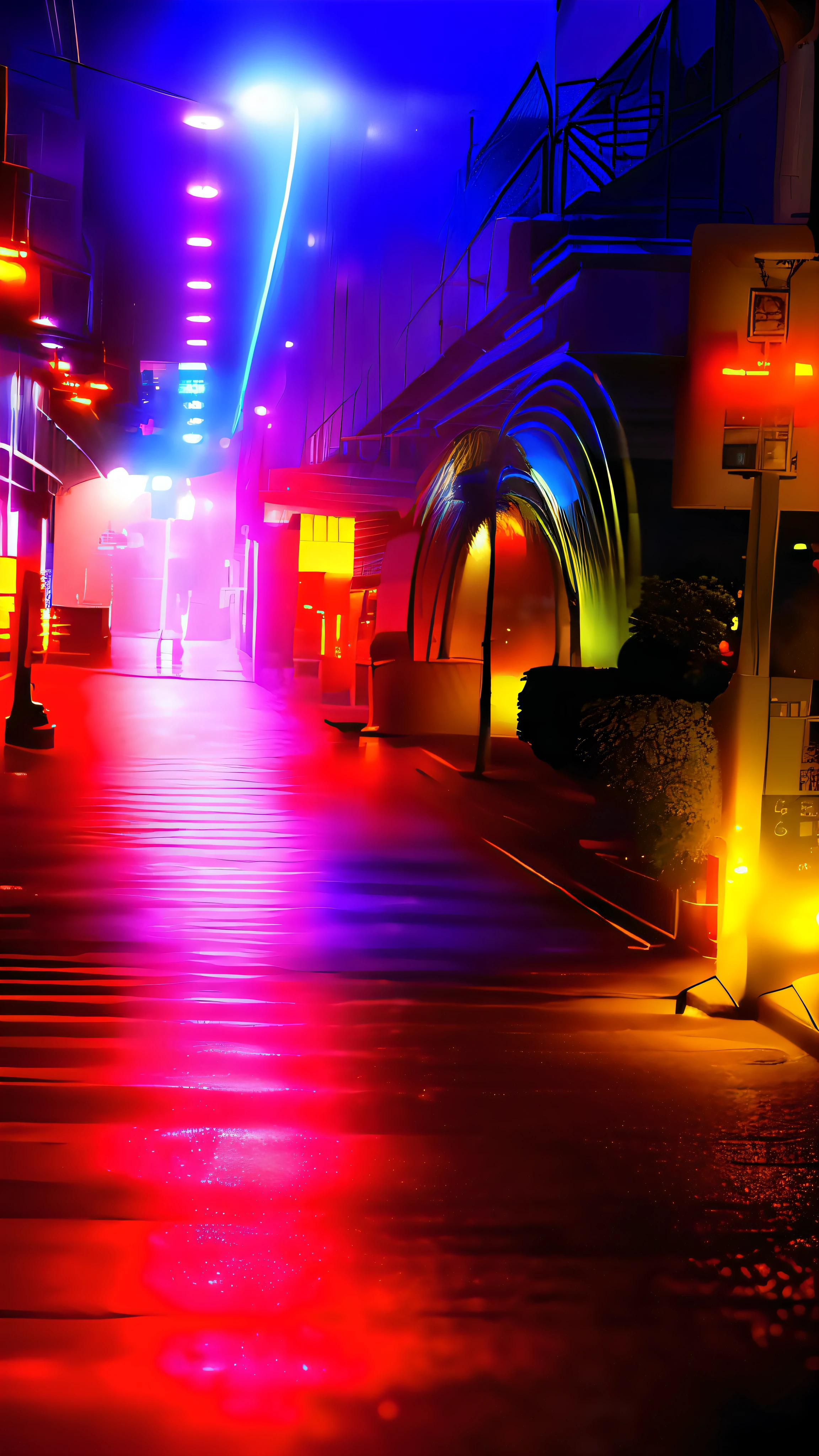Dark city night view,Shoot at night,Neon lights all around,There is a fountain on the streets of Tel Aviv,Use the Sony A3 camera,Photograph street bus stops。