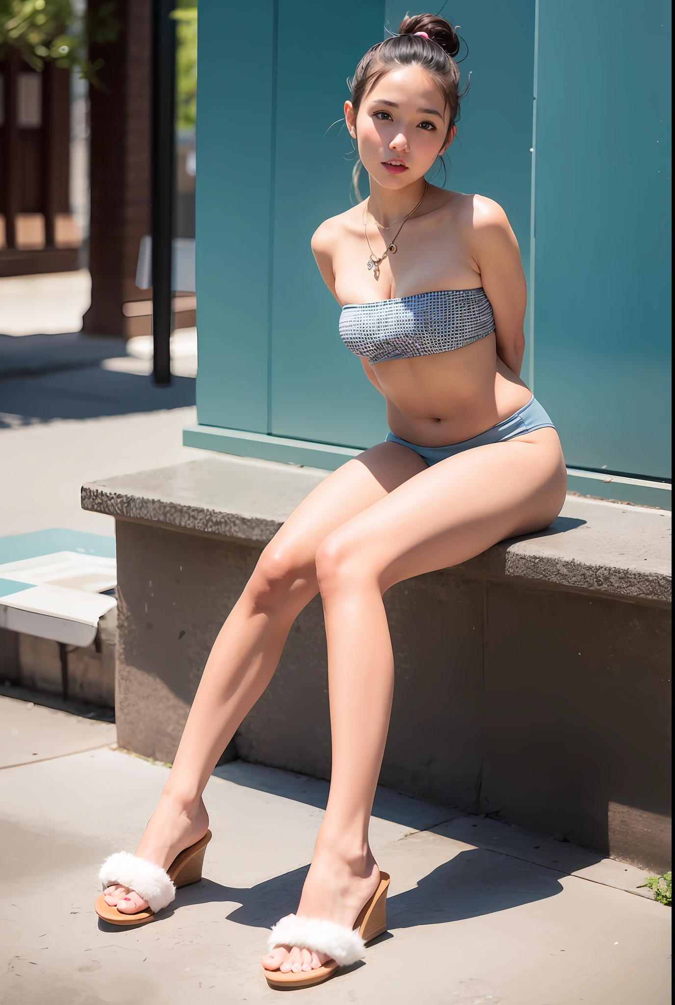one-girl,height of one meter seven,bule,Wear a bandeau on the top,Wear a short skirt on the bottom,Wear Peak slippers