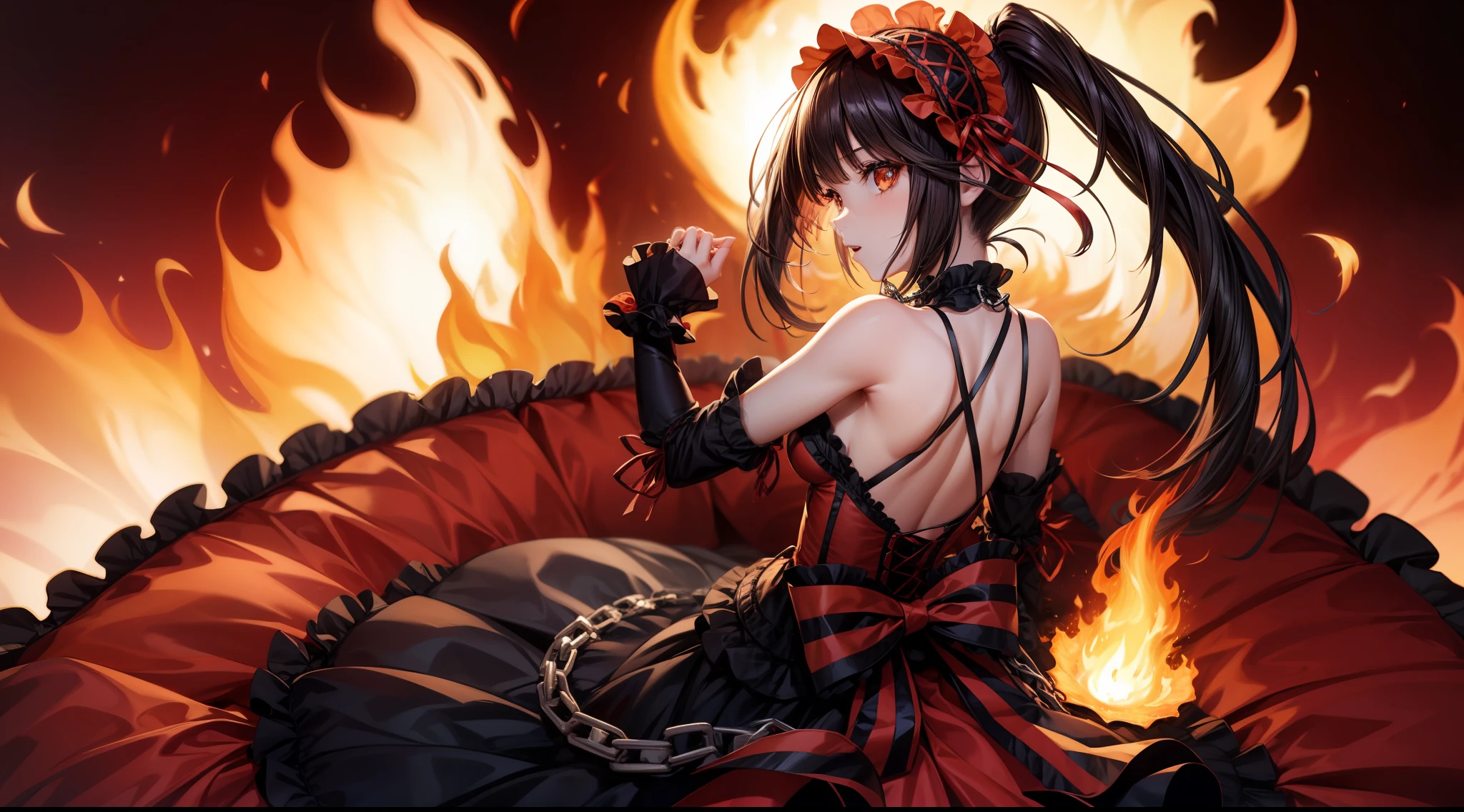 1 girl, shoulders, black hair, chain, necklace, dress, elbow-length gloves, fire, ruffles, back, hair ribbon, ta_fashion, loliairband, long hair, red_background, red_theme, ribbon, solo, tokisaki kurumi, twintails
