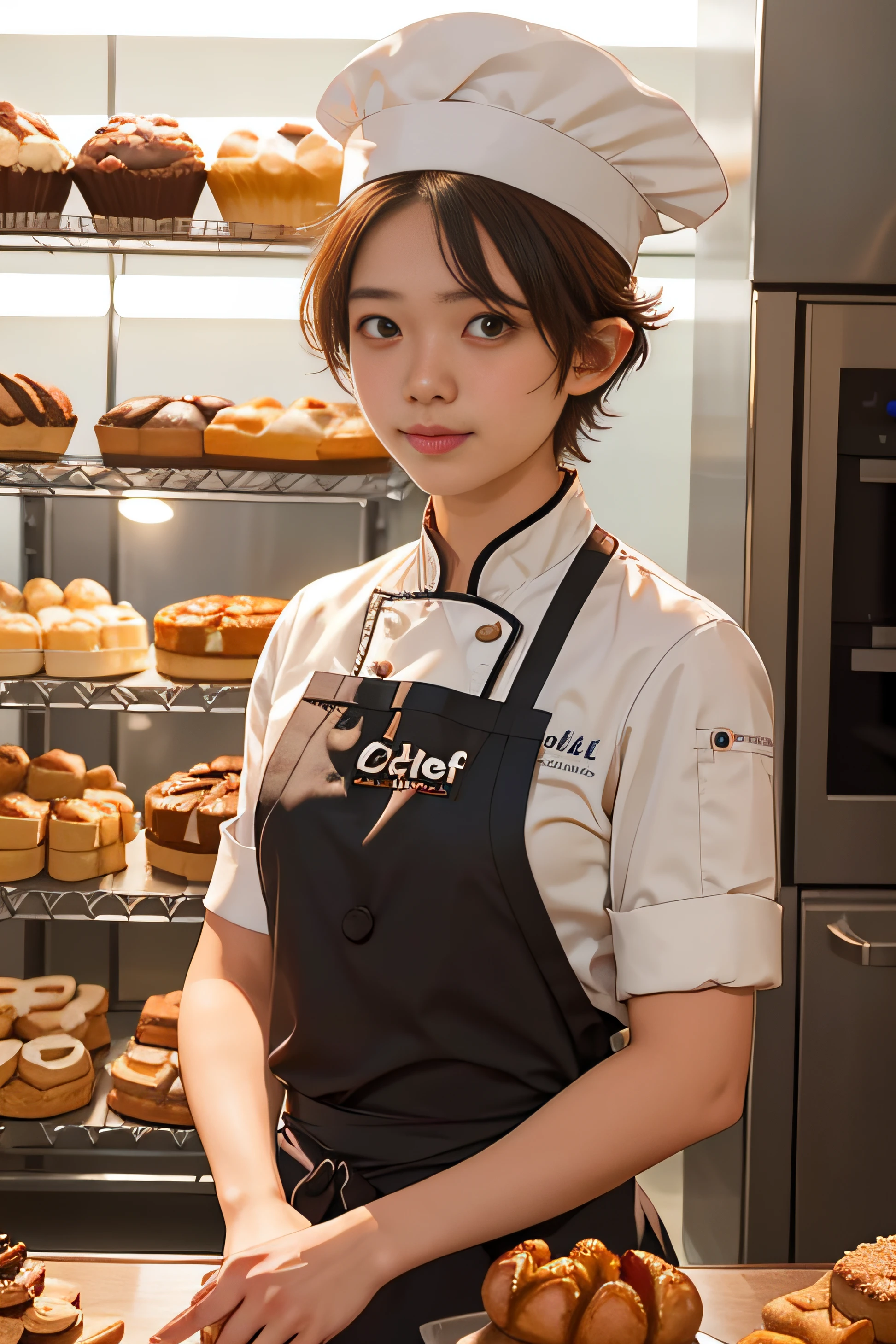 lady ,20 years old, Buzz cut hair style , lecturer, Malaysian , work at Tourism Management, chef wear,Bakery & Pastry Arts，((( wear chef hat)))