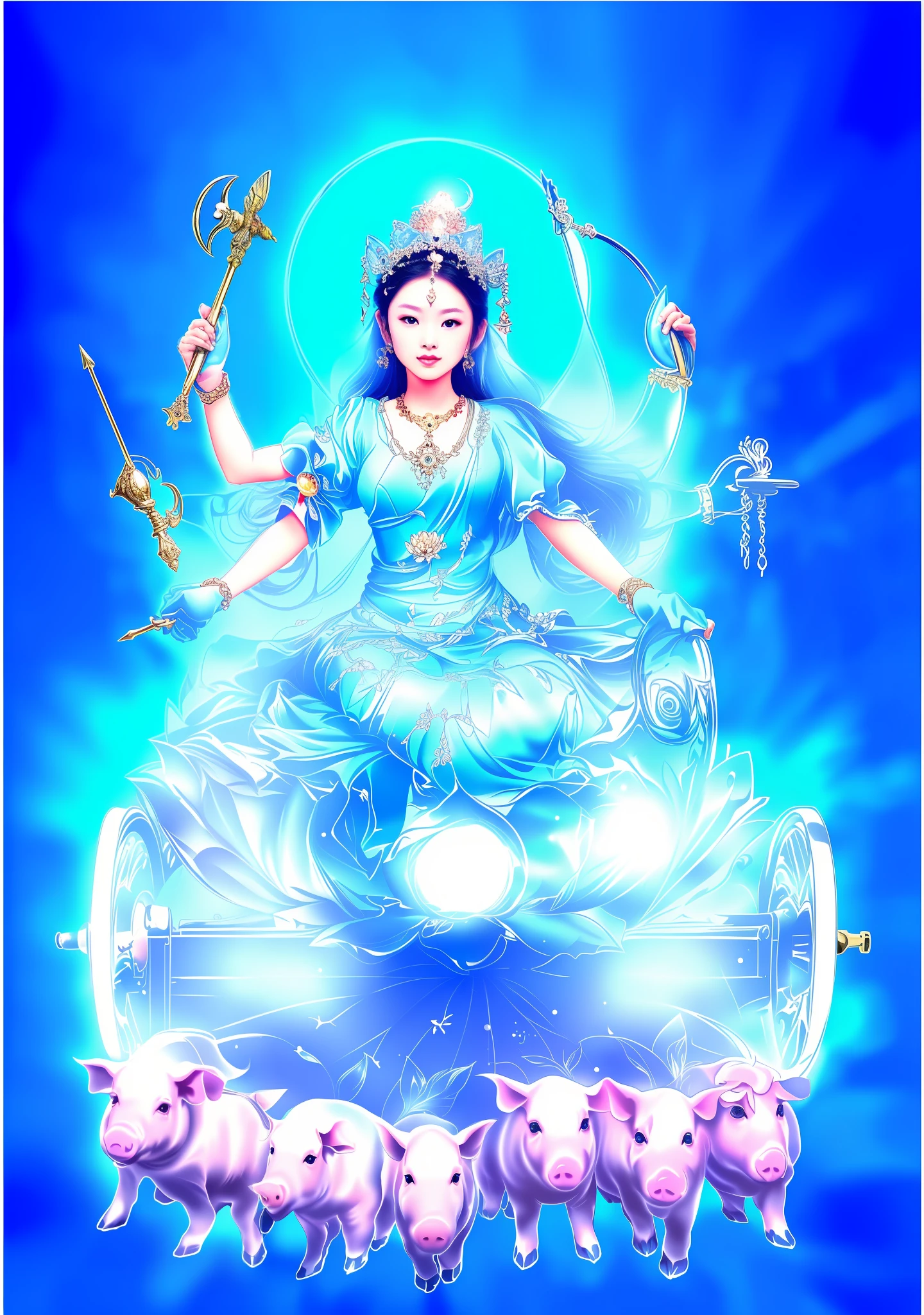 tmasterpiece，Ultra-clear resolution，Beautiful fairy sitting on a lotus on a cart，A total of six hands hold various magic weapons，The goddess has fair skin，detailed skin textures，Light blue dress，There were seven piglets pulling the cart in front of the car，Bright blue sky in the background，The sky has a round light，The photographic light is uniform and bright，profesional photo，8k wallpaper，High-density imaging，photon maping，