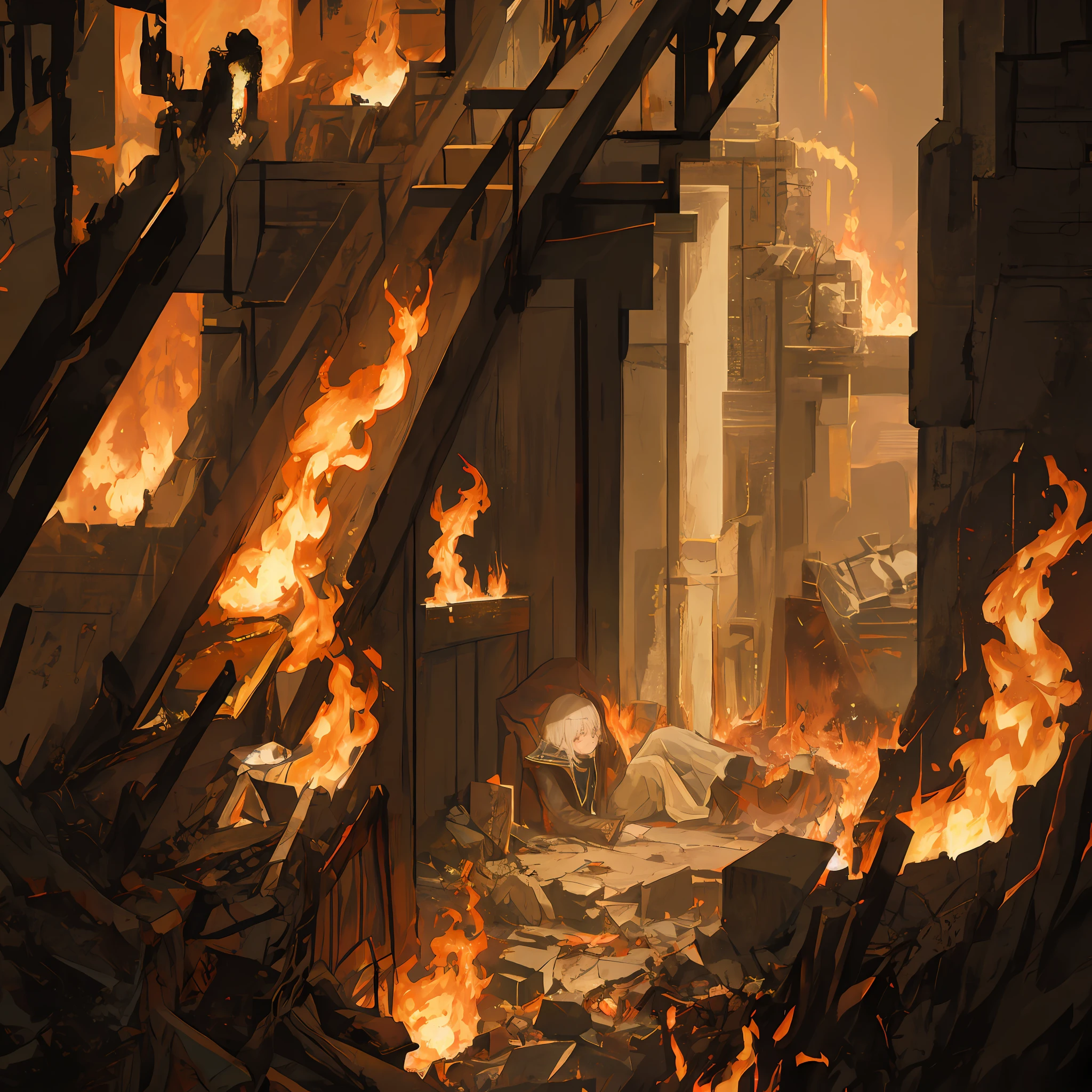 Armageddon、Gray and dark style、Dilapidated modern metropolis、Flames and smoke rose everywhere、quadratic element、、Remains Cliff、The ragged man sat on the ground against the broken wall，The whole reflects an atmosphere of despair
