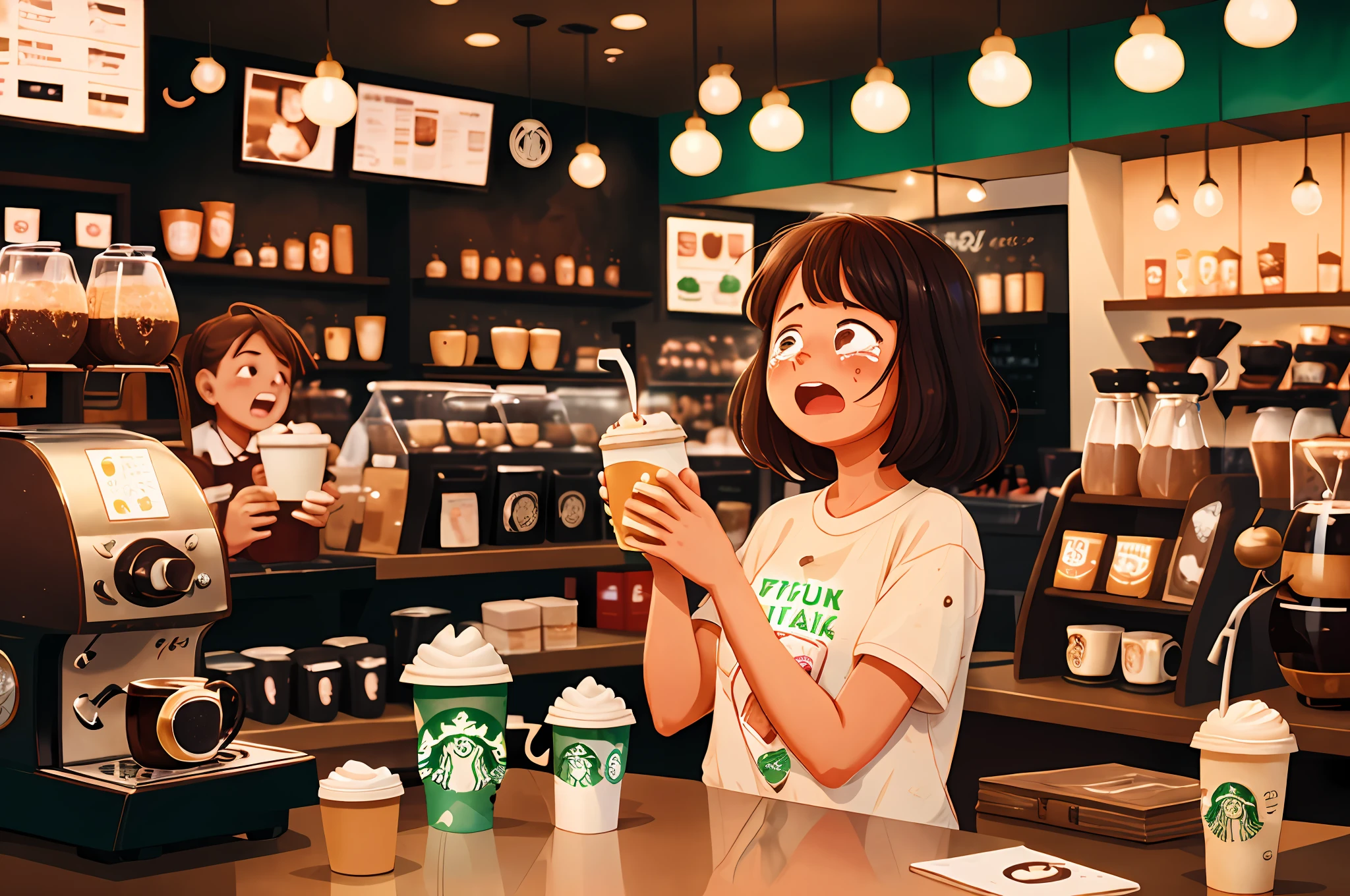 "coffee explosion in a Starbucks, girl crying in shock, captured on a Kodak film"